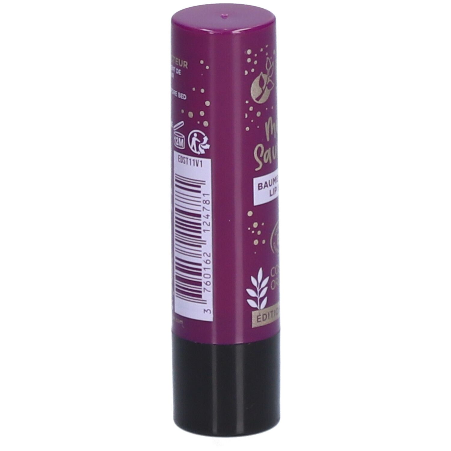 Bâton de baume à lèvres, violet et noir. Code-barres et texte au dos. Edition Limitée.