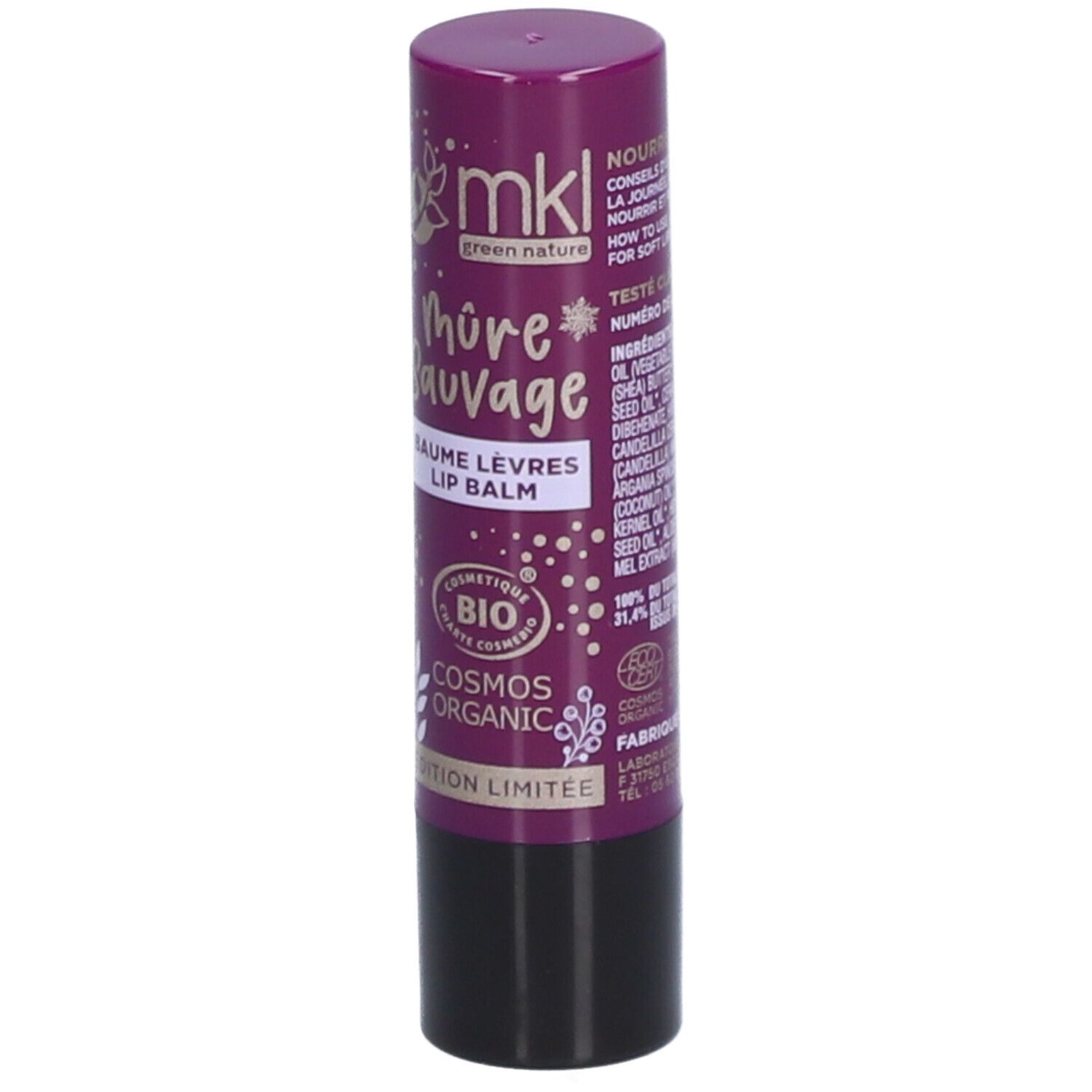 Bâton de baume à lèvres, violet et noir. Inscription: Mûre Sauvage, Baume Lèvres, Lip Balm. Certification bio.