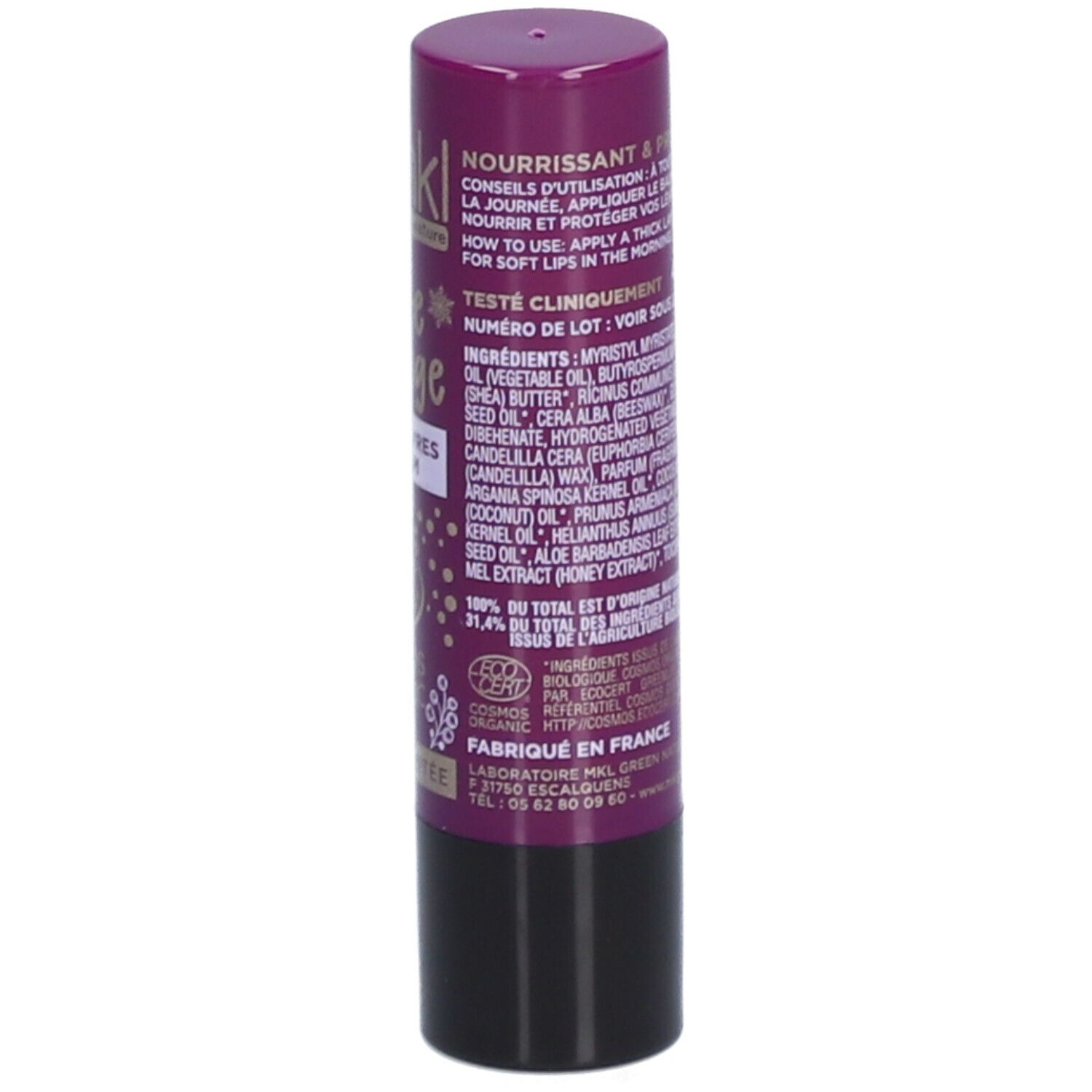 Bâton de baume à lèvres, violet et noir. Dos avec conseils d'utilisation et ingrédients.