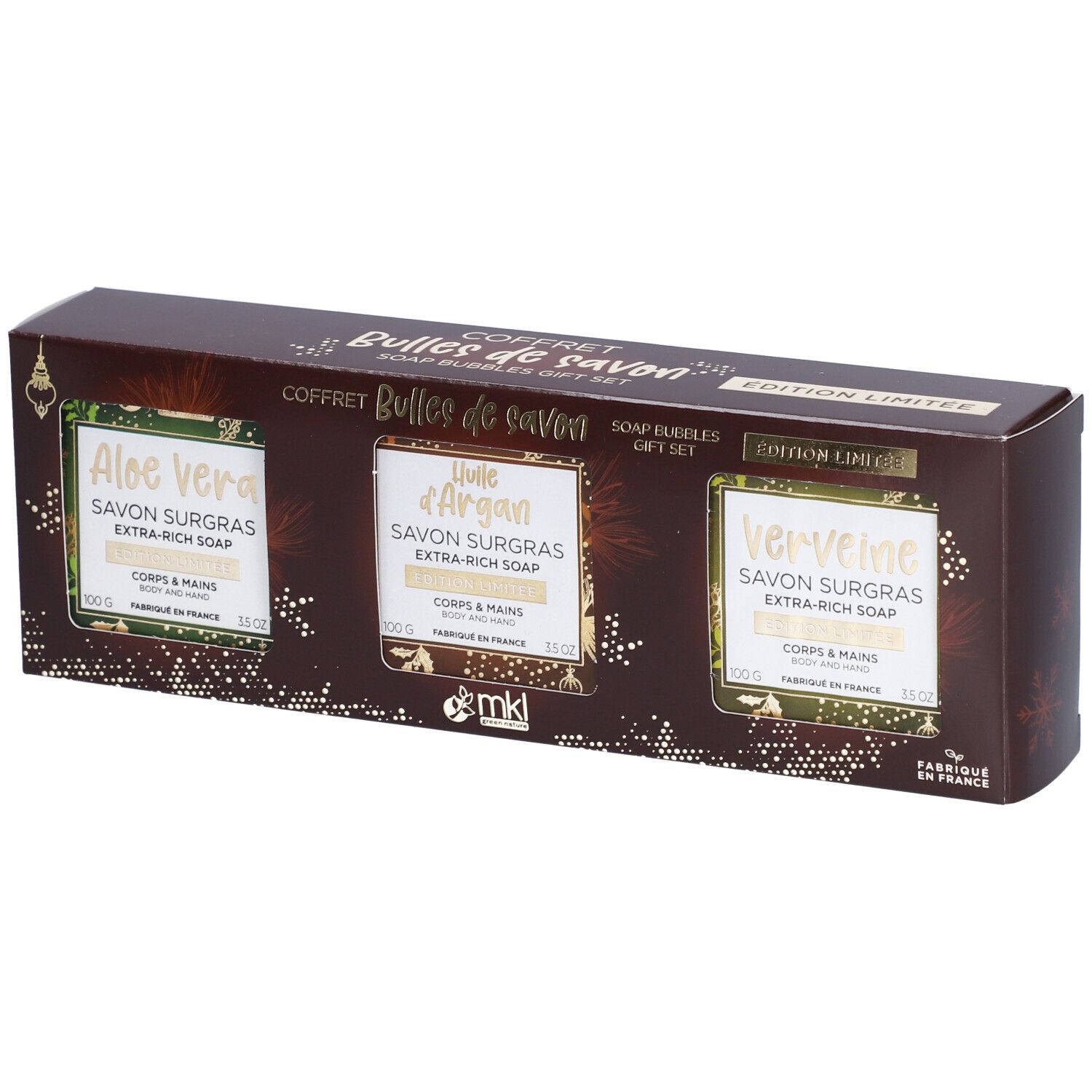 Coffret cadeau de savons. Contient trois savons : Aloe Vera, Huile d'Argan et Verveine.  Mention "Edition Limitée".