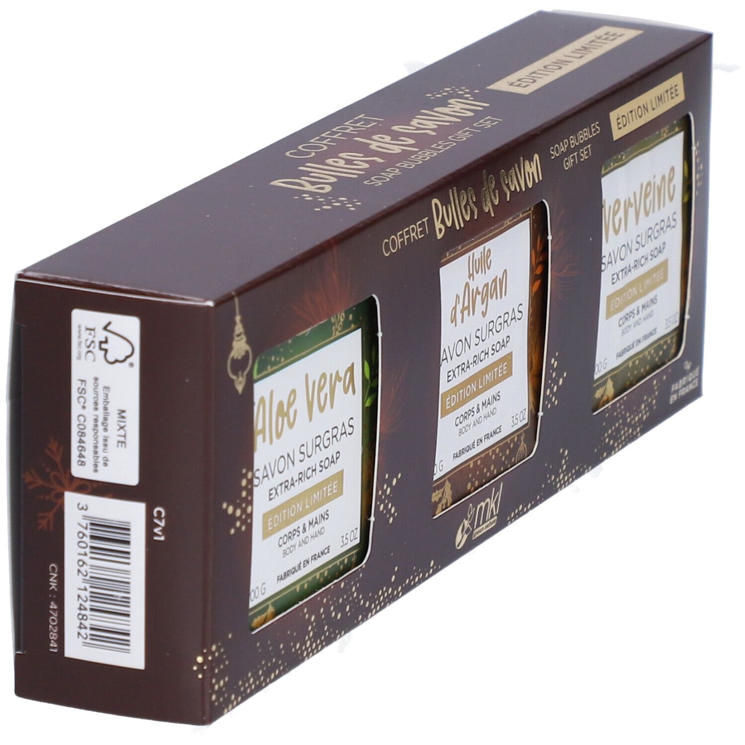 Coffret cadeau de savons.  Contient trois savons : Aloe Vera, Huile d'Argan et Verveine. Logo FSC.