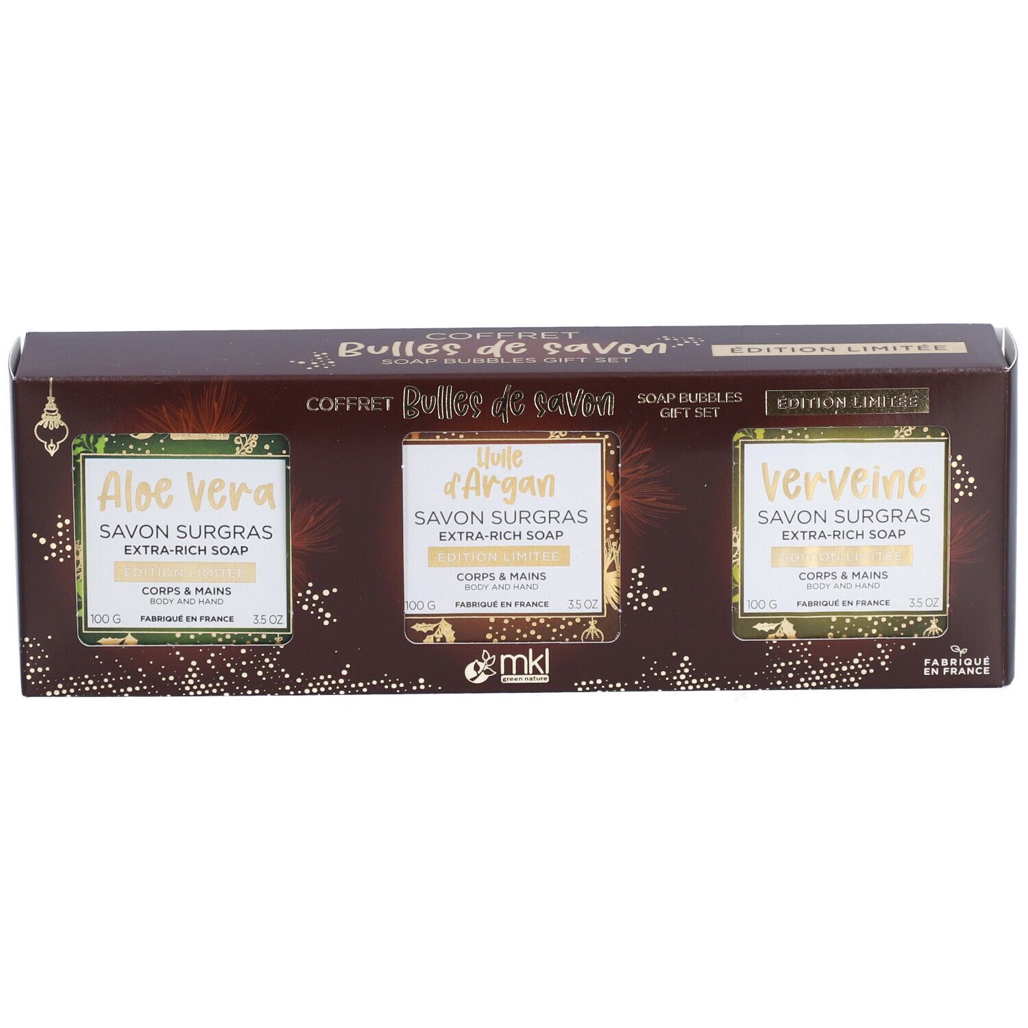 Coffret cadeau de savons.  Contient trois savons : Aloe Vera, Huile d'Argan et Verveine.  Mention "Edition Limitée".