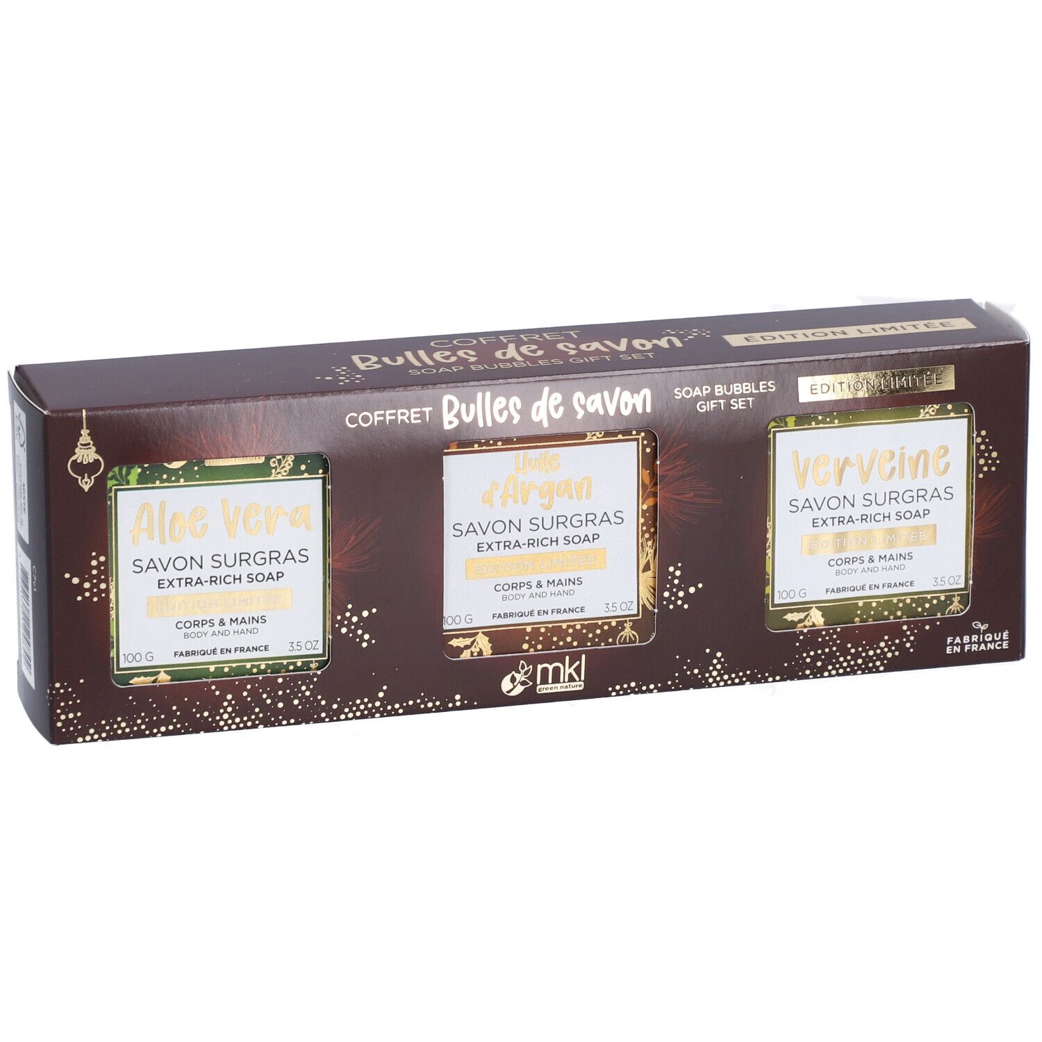 Coffret cadeau de savons.  Contient trois savons : Aloe Vera, Huile d'Argan et Verveine.  Mention "Edition Limitée".