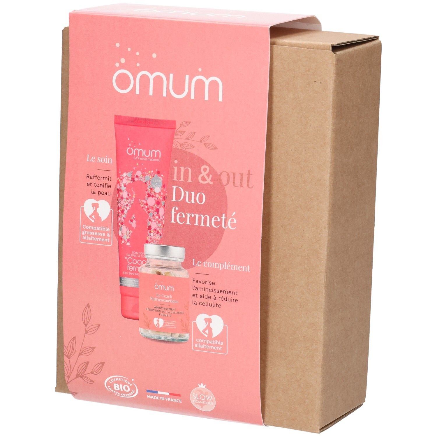 Set OMUM IN&OUT Duo Fermeté : un tube de soin et un flacon de complément alimentaire dans un emballage rose.
