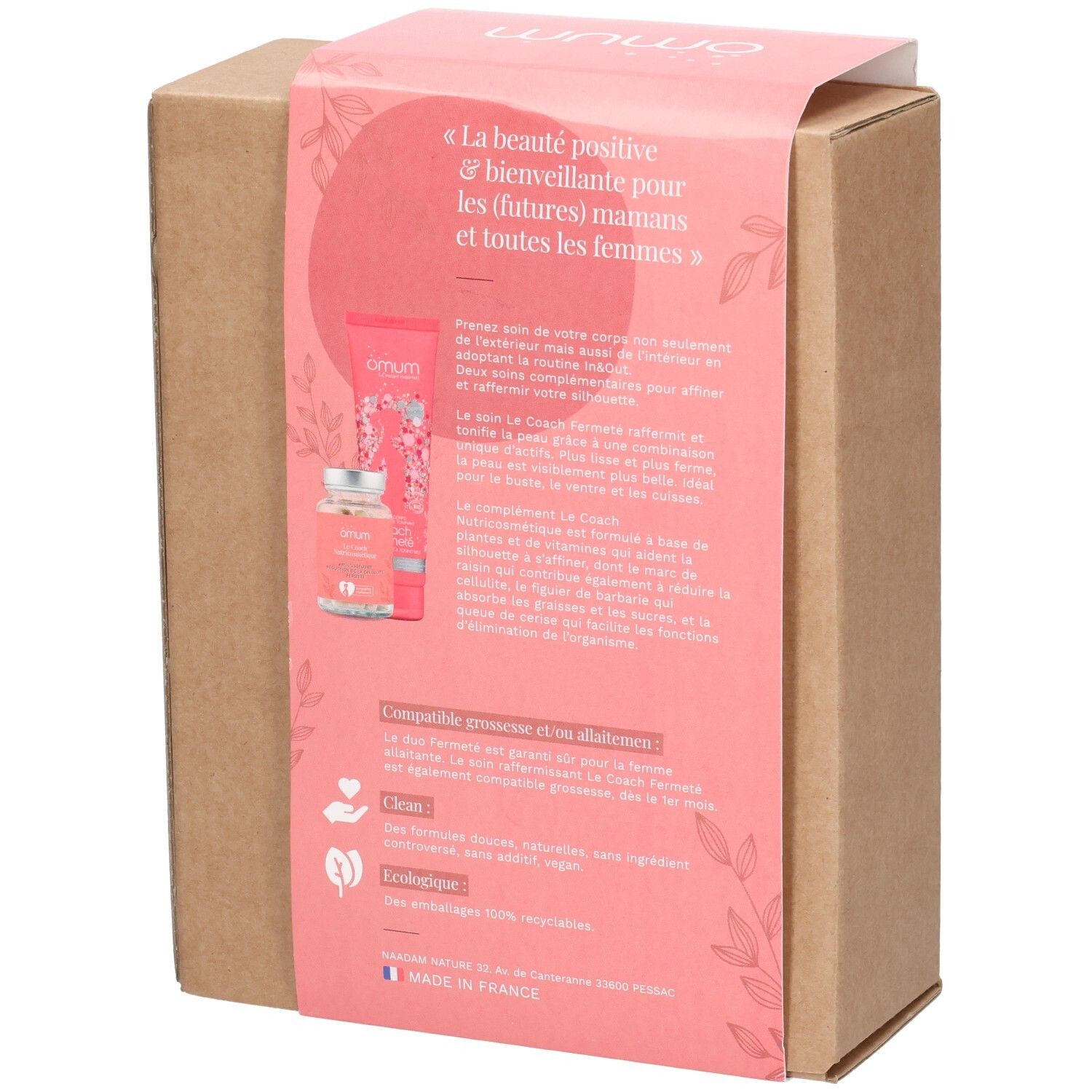 Arrière de l'emballage rose du set OMUM IN&OUT Duo Fermeté avec informations produit et label BIO.