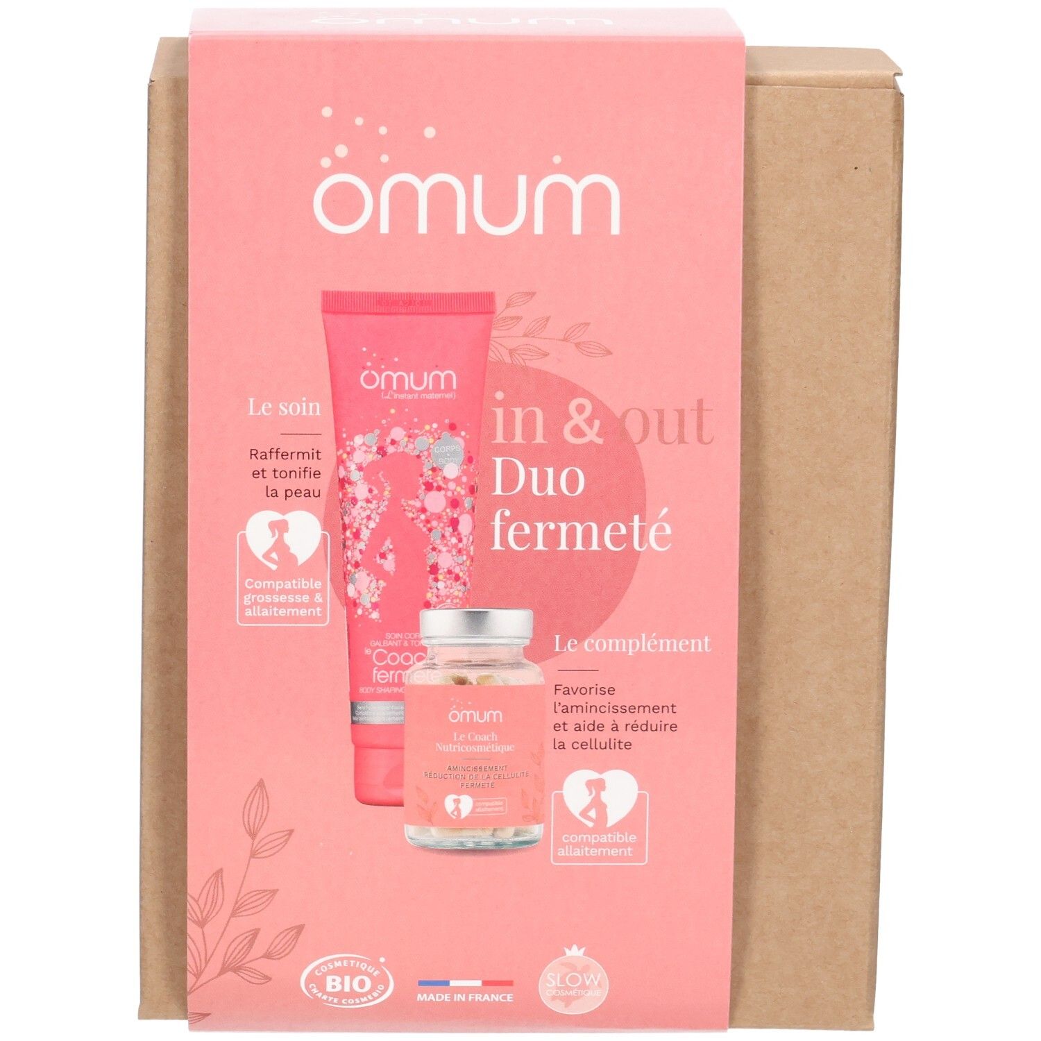 Set OMUM IN&OUT Duo Fermeté : un tube de soin et un flacon de complément alimentaire dans un emballage rose.