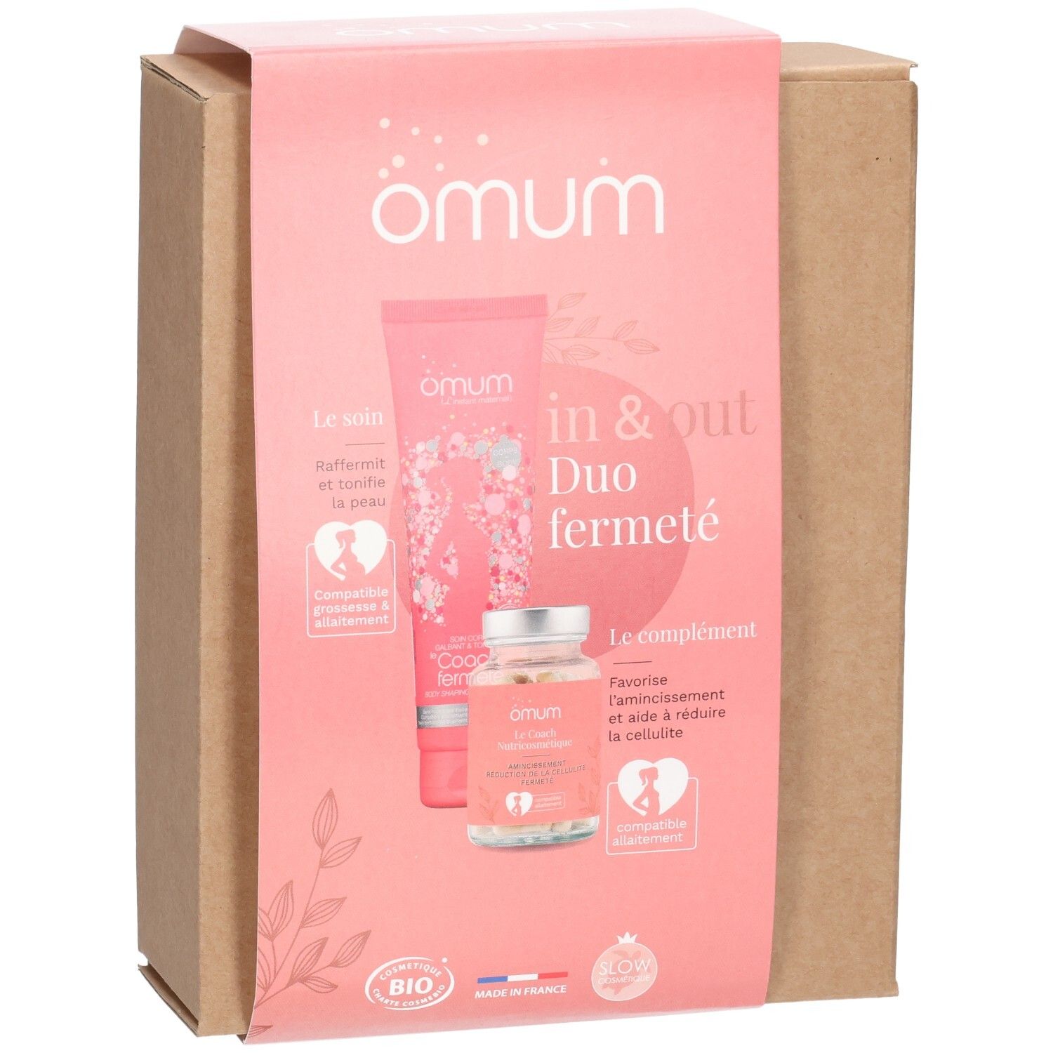 Set OMUM IN&OUT Duo Fermeté : un tube de soin et un flacon de complément alimentaire dans un emballage rose.
