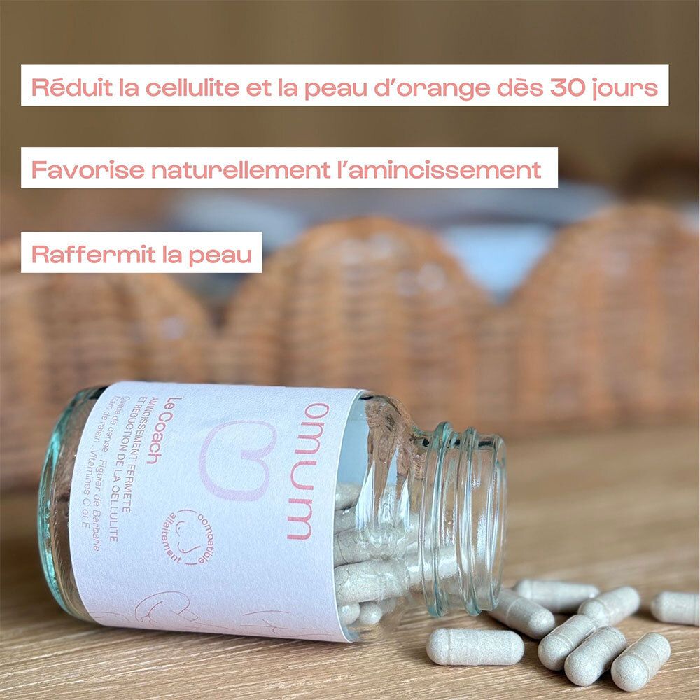 Flacon de compléments alimentaires. Texte : Réduit la cellulite, favorise l'amincissement, raffermit la peau.