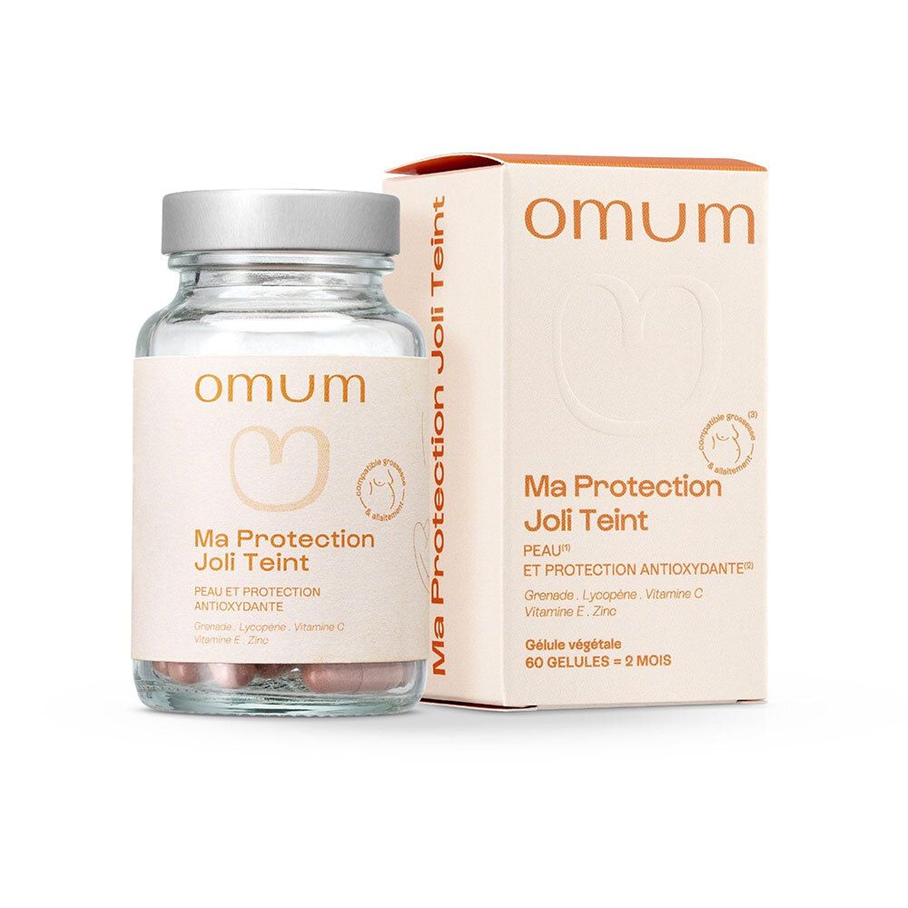 Gélules Omum Ma Protection Joli Teint et son emballage. Peau et protection antioxydante.