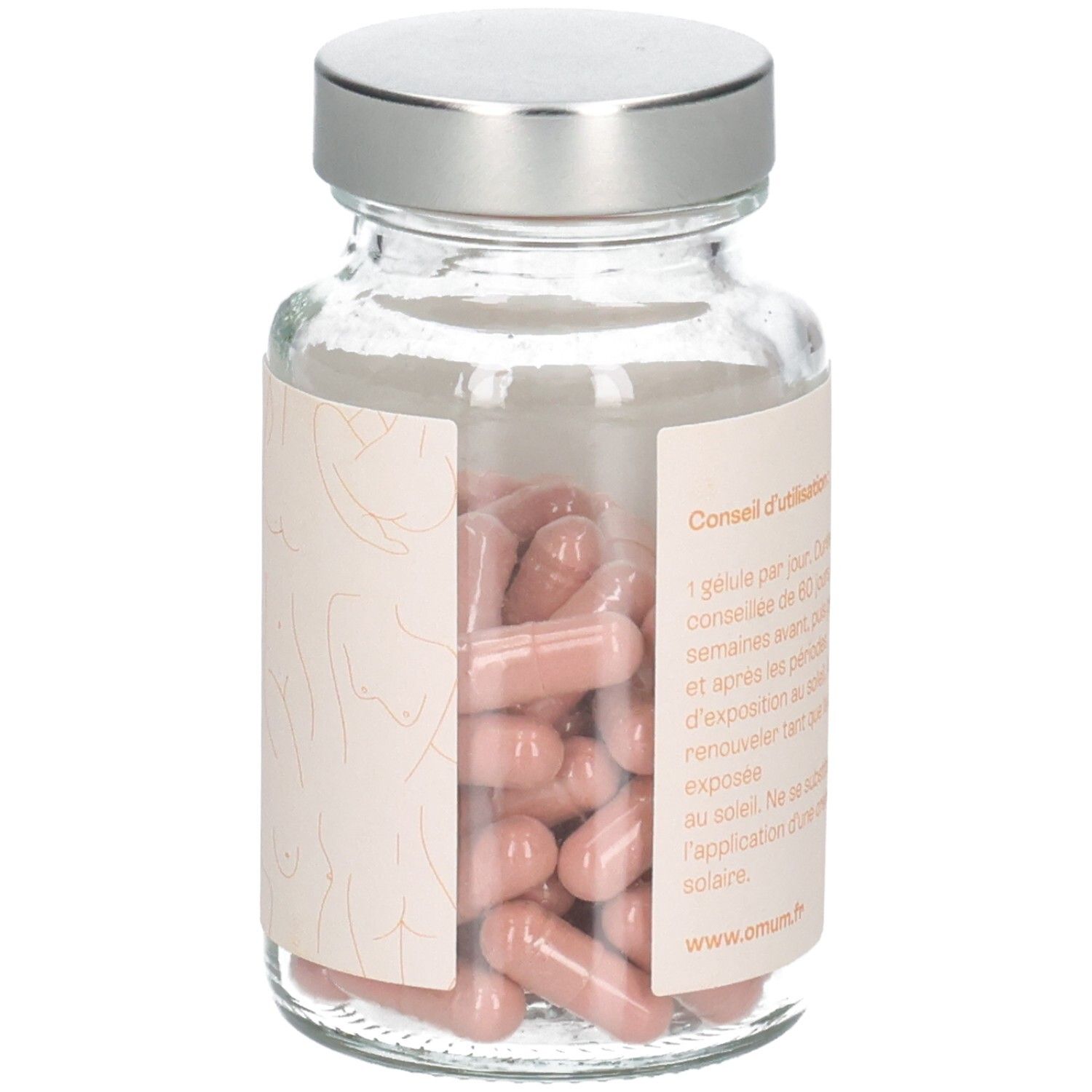 Flacon en verre Omum Ma Protection Joli Teint avec bouchon argenté, rempli de gélules roses.