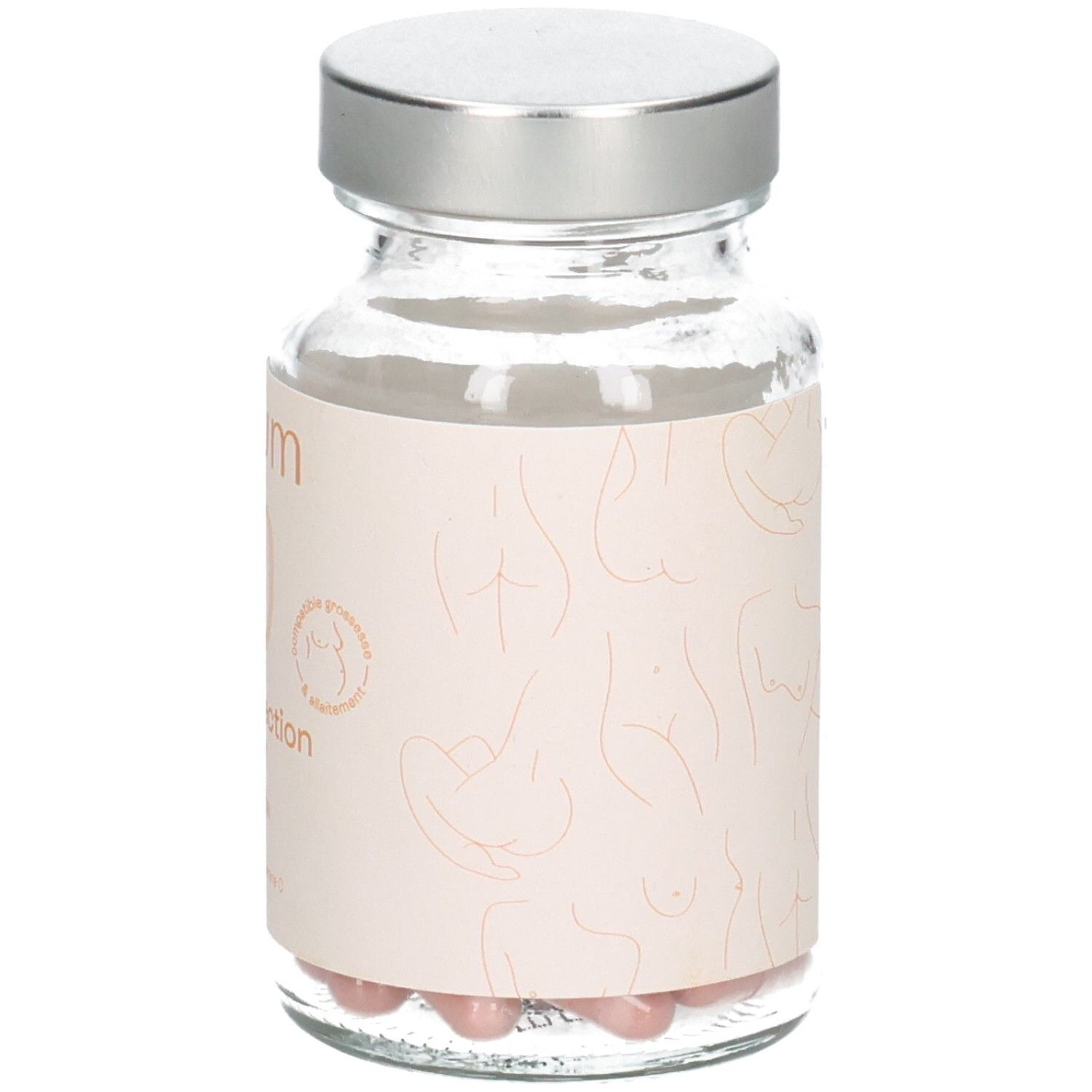 Flacon en verre Omum Ma Protection Joli Teint avec bouchon argenté et étiquette latérale avec contours corporels.