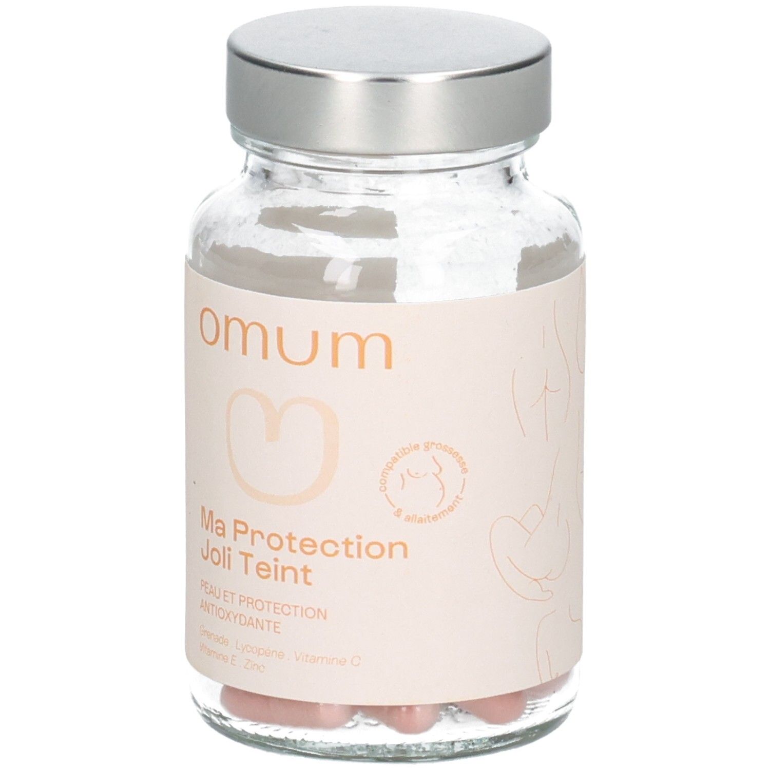 Flacon en verre Omum Ma Protection Joli Teint avec bouchon argenté et étiquette latérale.