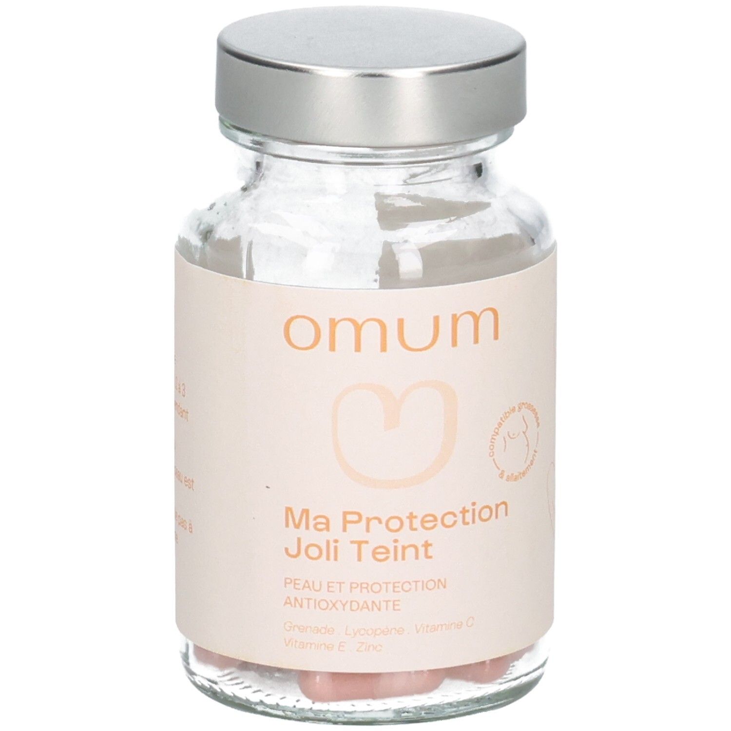 Flacon en verre Omum Ma Protection Joli Teint avec bouchon argenté et étiquette. Peau et protection antioxydante.