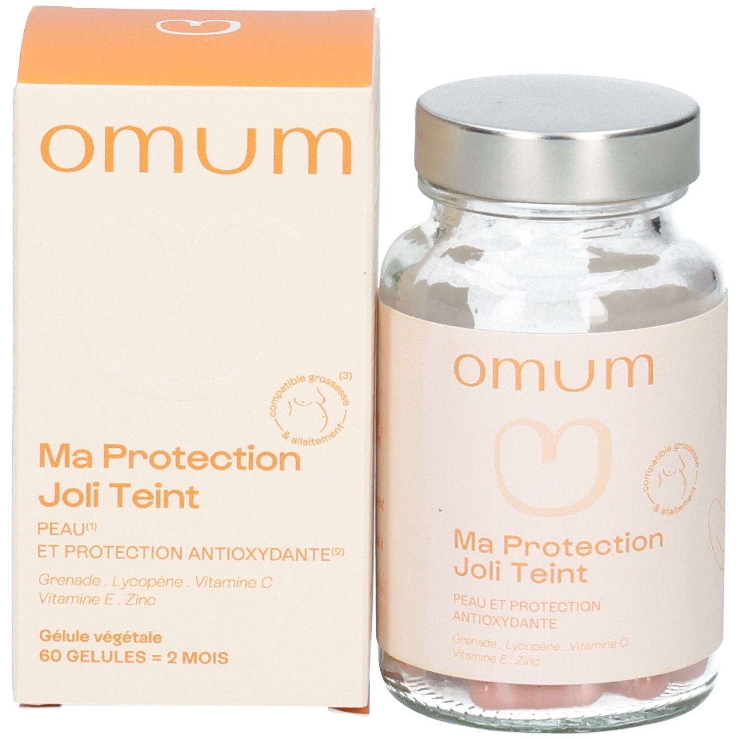 Flacon Omum Ma Protection Joli Teint et son emballage. Peau et protection antioxydante.