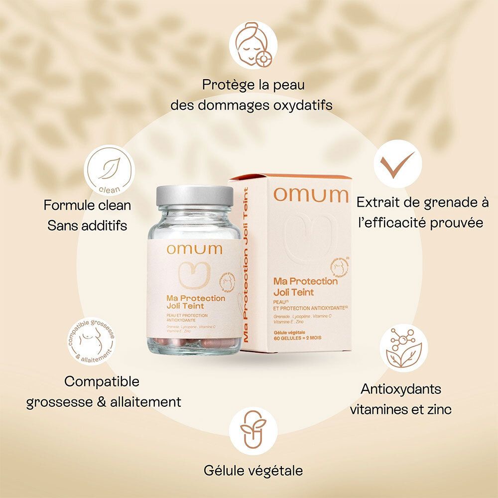 Gélules Omum Ma Protection Joli Teint et emballage avec icônes : Clean, Grossesse, Grenade, Antioxydants.