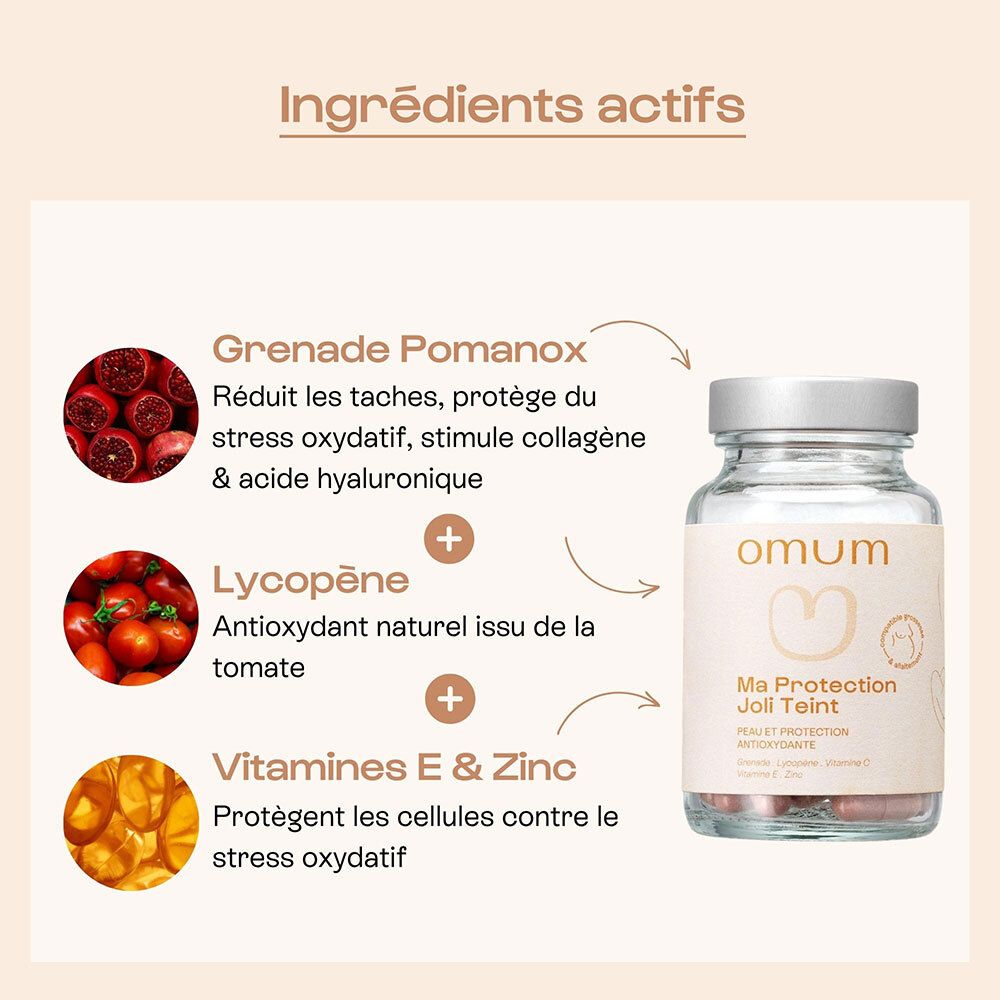 Omum Ma Protection Joli Teint : Grenade, Lycopène, Vitamine E & Zinc. Peau et protection antioxydante.