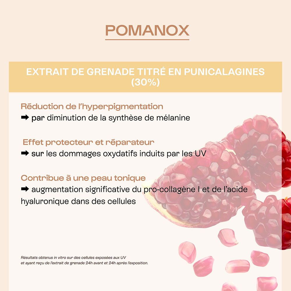 Extrait de grenade Pomanox dans Omum Ma Protection Joli Teint. Réduit l'hyperpigmentation, protège des UV.