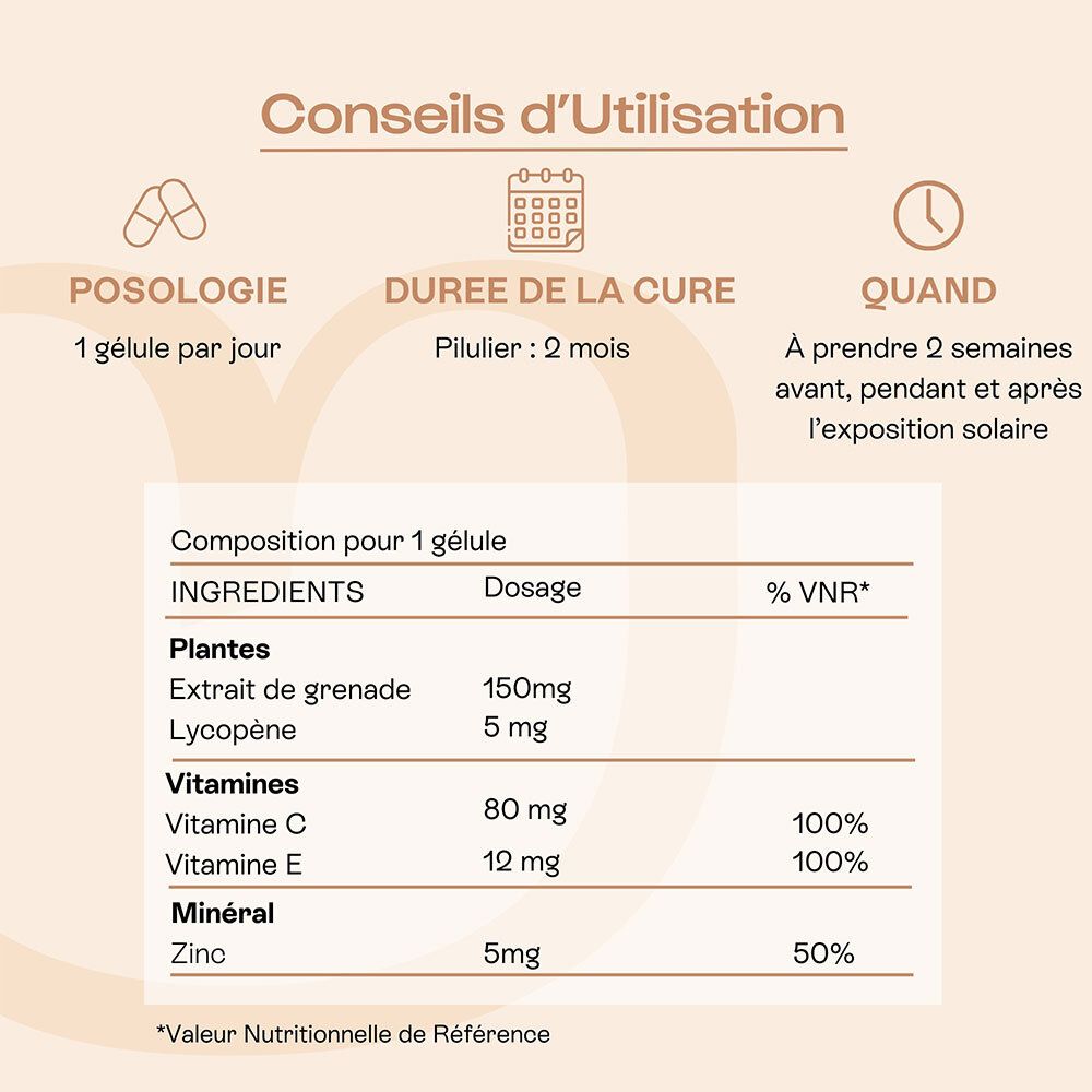 Utilisation Omum Ma Protection Joli Teint : 1 gélule/jour, 2 mois. Avant, pendant, après exposition solaire.