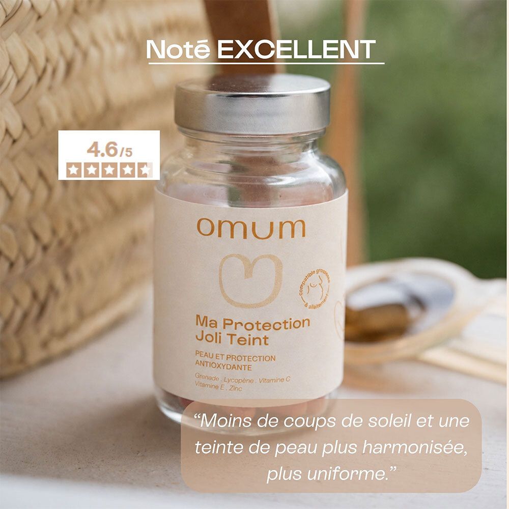 Flacon en verre Omum Ma Protection Joli Teint avec bouchon argenté. Note : Excellent, 4.6/5.