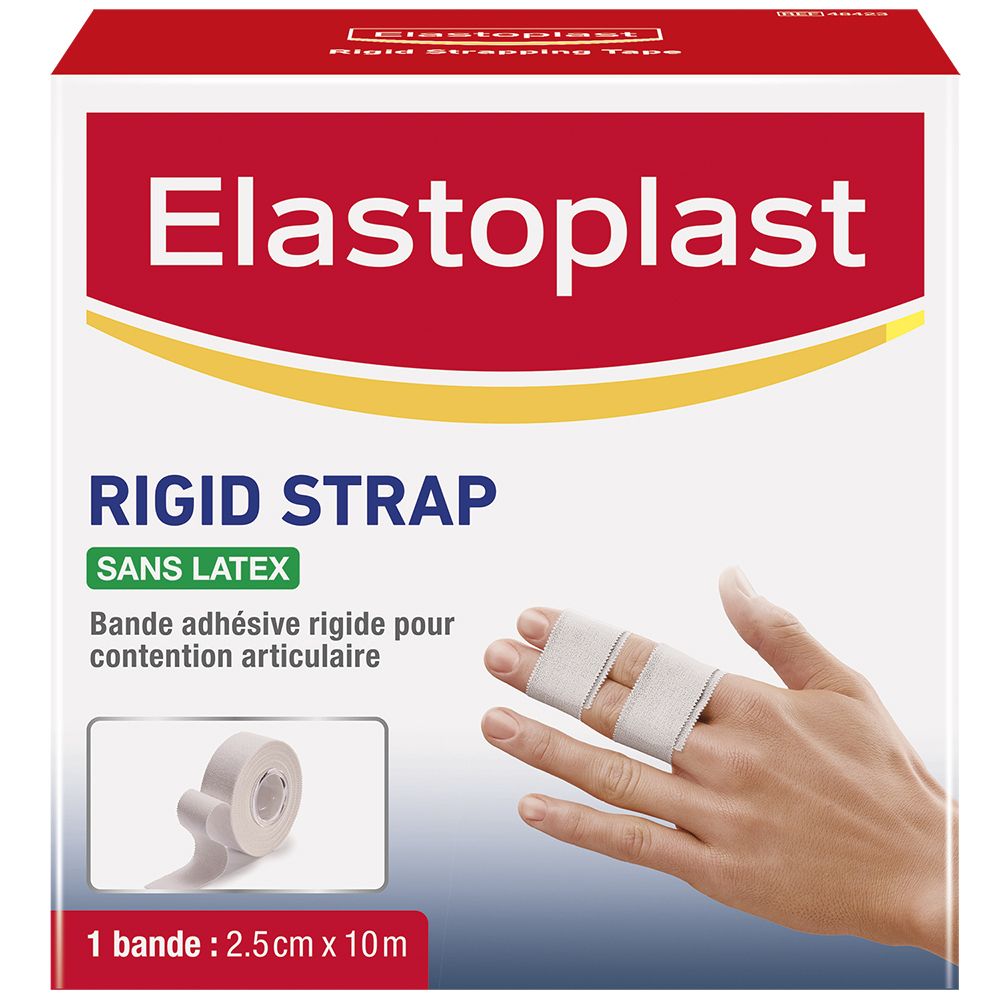 Elastoplast Rigid Strap sans latex. Rouleau et bandage pour doigt. Emballage avec image du produit et texte.