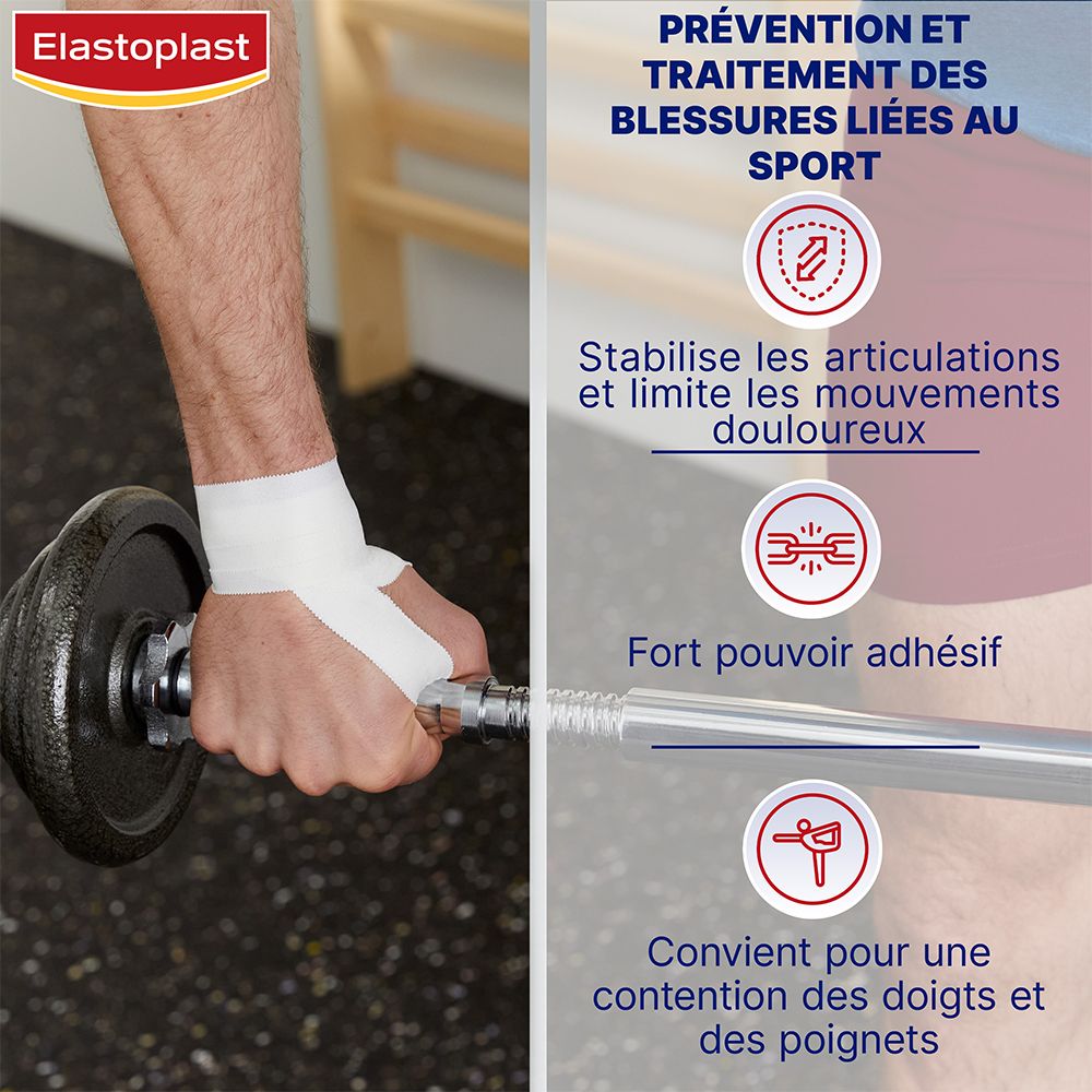 Elastoplast Rigid Strap sur poignet d'homme. Texte: Prévention et traitement des blessures liées au sport.