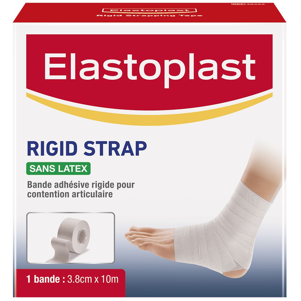 Elastoplast Rigid Strap Sans Latex. Bandage blanche sur cheville et pied. Emballage avec image du produit et texte.