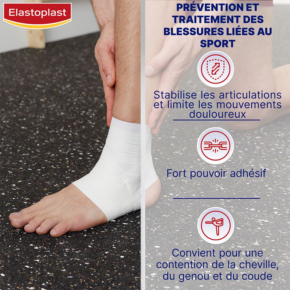 Pied bandé en blanc. Graphiques : stabilisation articulaire, forte adhérence, application cheville, genou, coude.