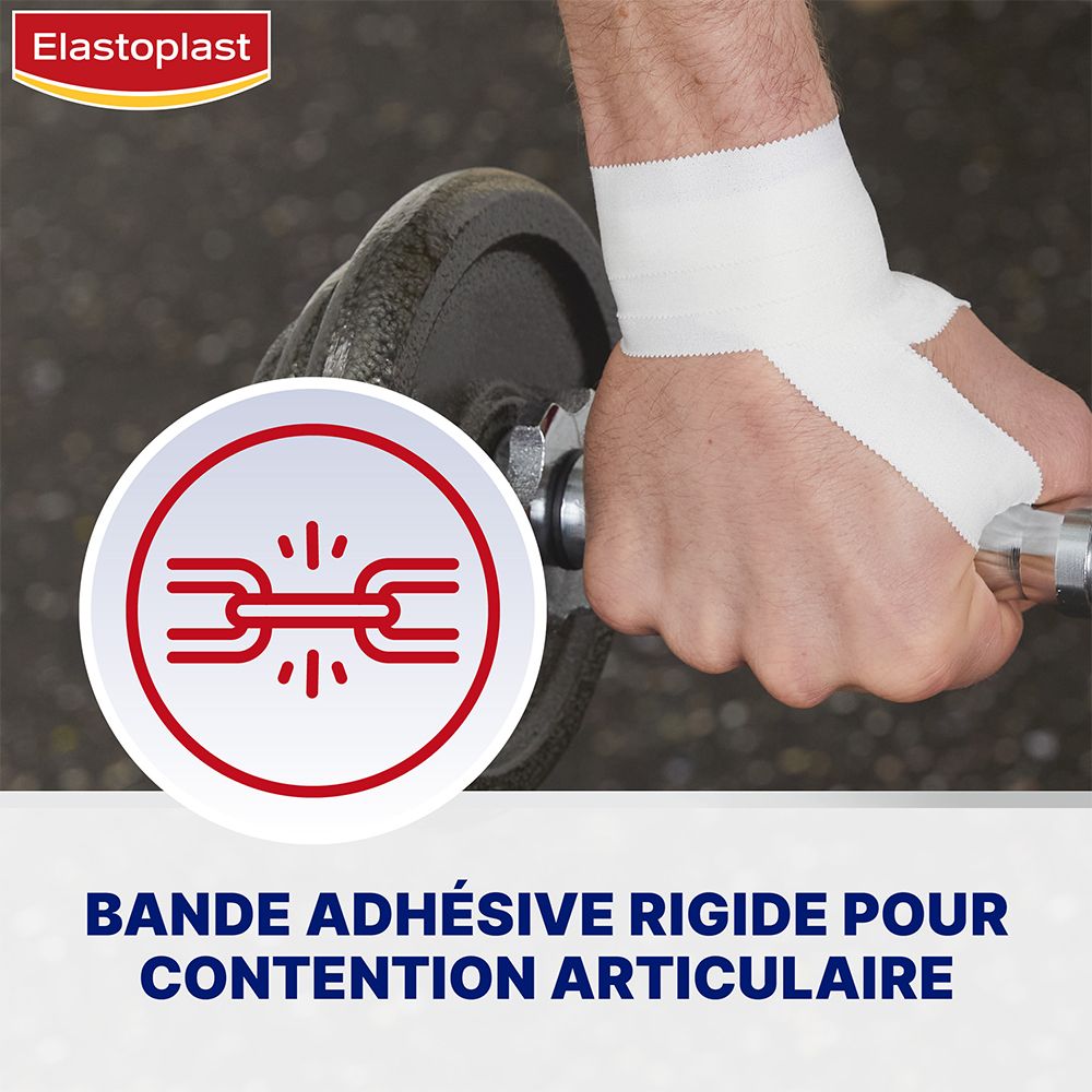 Main avec bandage blanc autour du poignet. Graphique montrant une forte adhérence. Arrière-plan : équipement sportif.