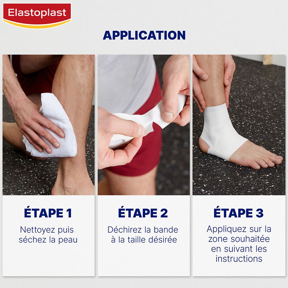 Trois images montrent l'application : nettoyer la peau, couper la bande, appliquer le bandage. Texte : Application.
