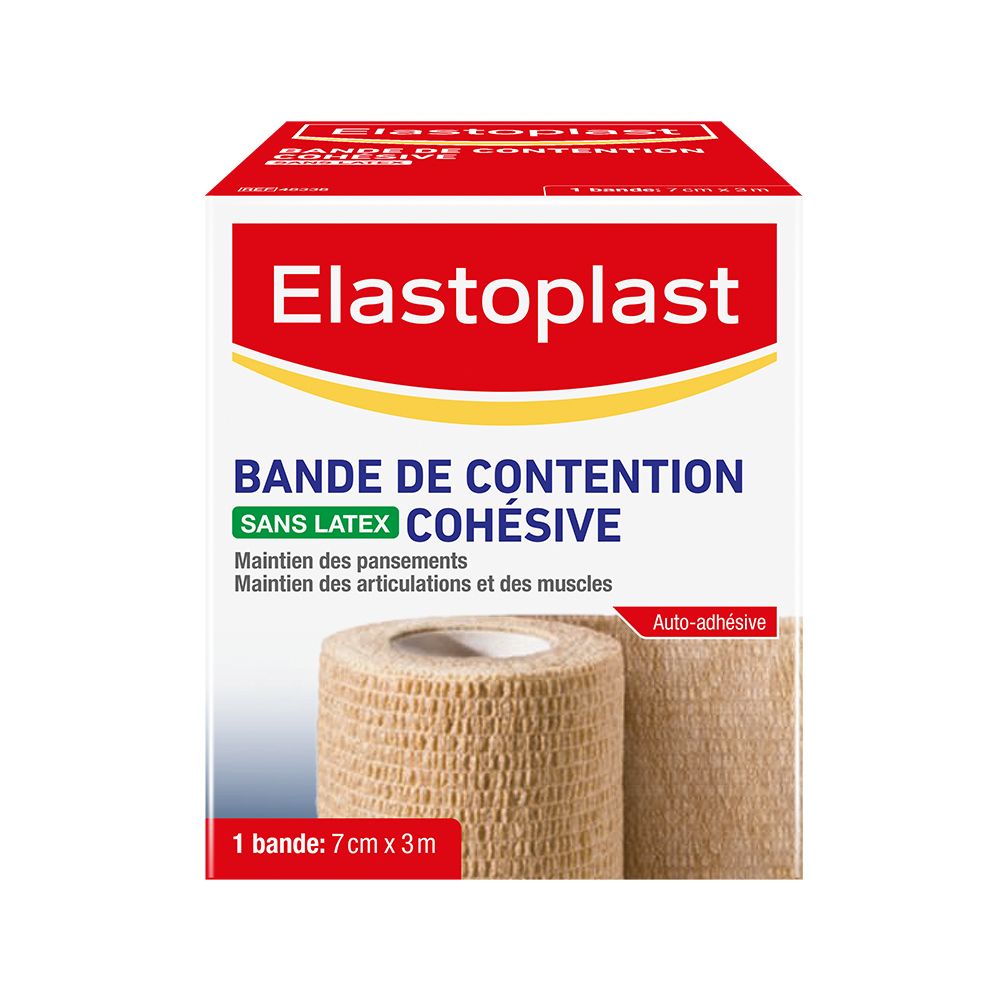 Boîte de bandage cohésif sans latex Elastoplast. Bande beige, auto-adhésive. Dimensions : 7cm x 3m. Pour maintien des pansements et articulations.
