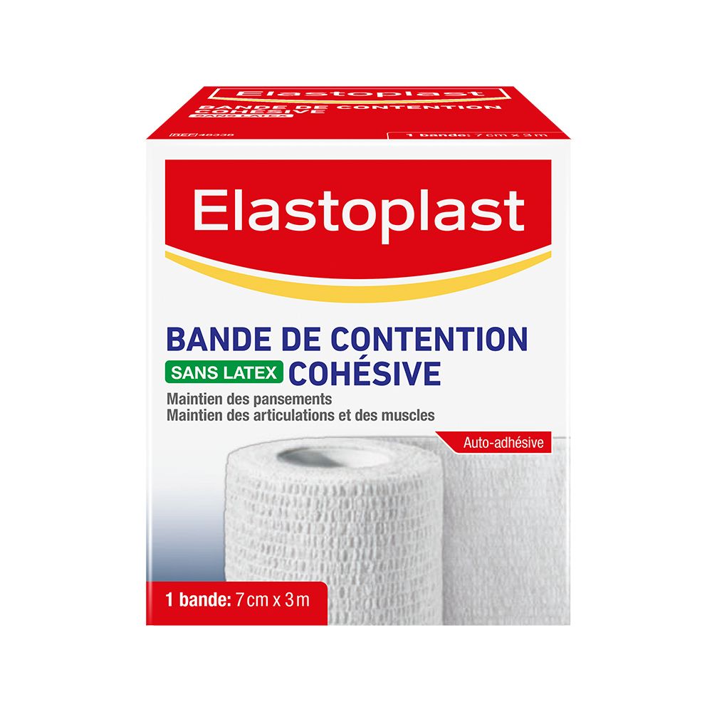 Boîte de bandage cohésif sans latex Elastoplast. Rouleau blanc. Dimensions : 7cm x 3m. Inscription : Bande de Contention Cohésive.