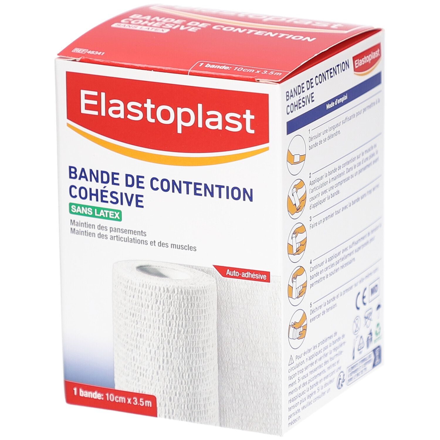 Boîte de bandage Elastoplast. Bande blanche, 10cm x 3,5m. Inscription: Bande de Contention Cohésive Sans Latex.