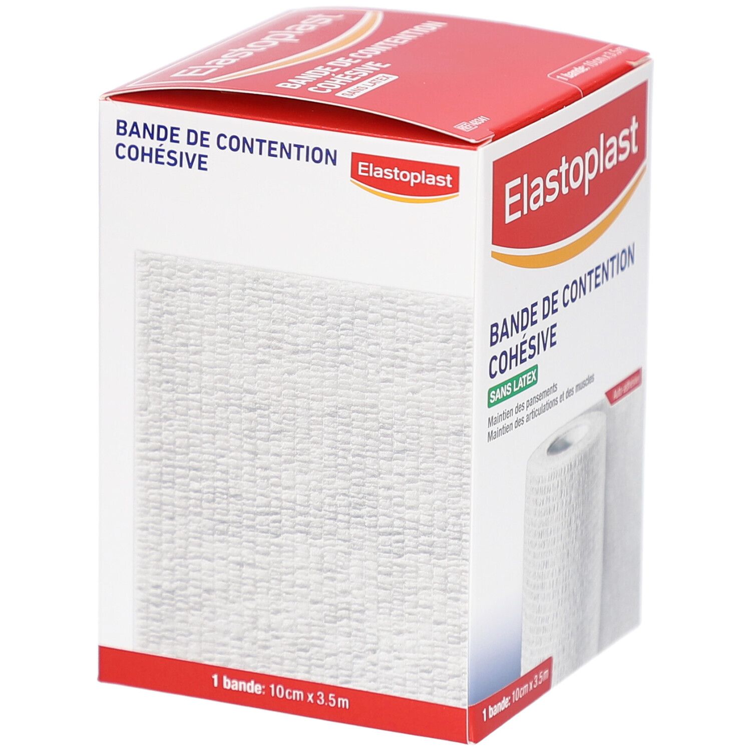 Boîte de bandage Elastoplast. Bande blanche, 10cm x 3,5m. Inscription: Bande de Contention Cohésive Sans Latex.