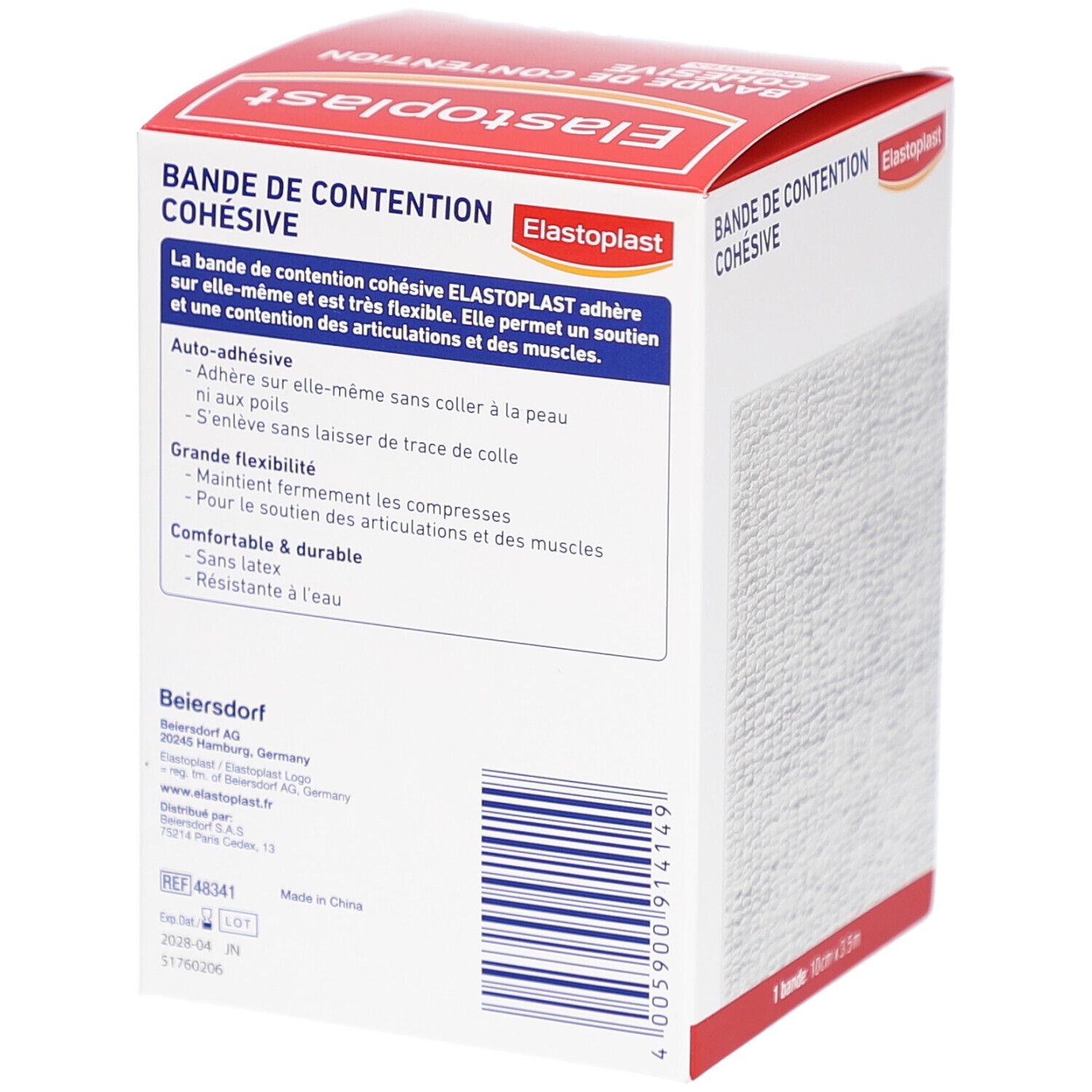 Dos de la boîte de bandage Elastoplast. Texte: Bande de Contention Cohésive. Informations et code-barres.