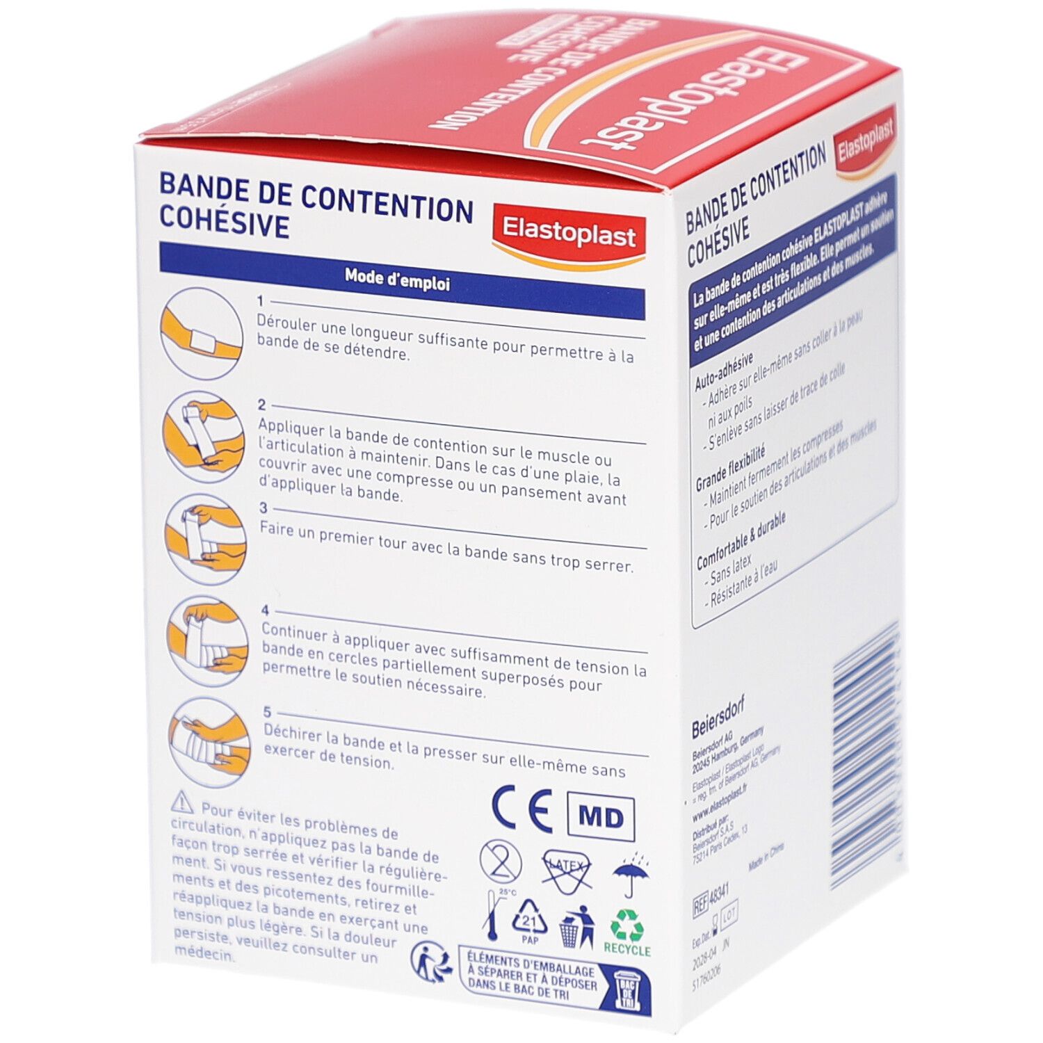 Dos de la boîte de bandage Elastoplast. Mode d'emploi et symboles.