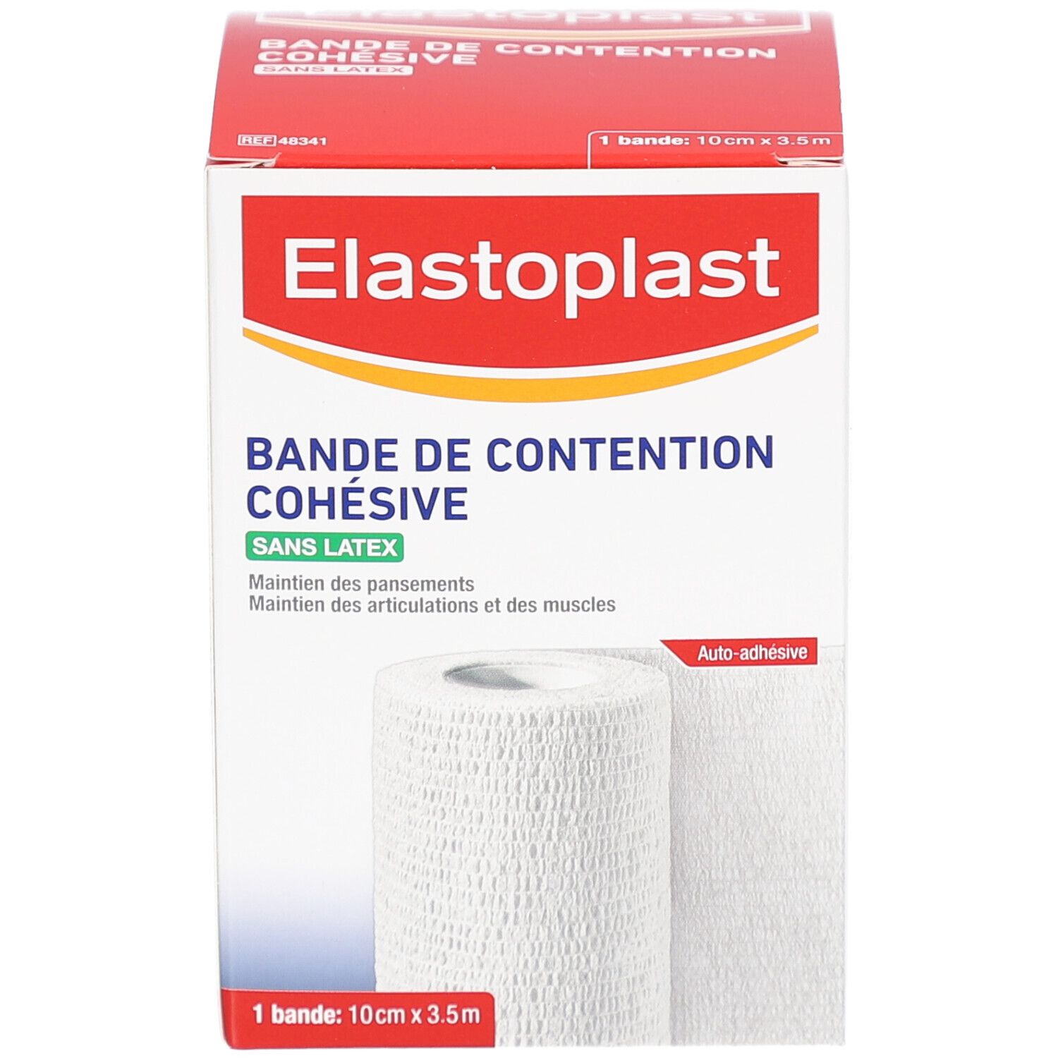 Boîte de bandage Elastoplast. Bande blanche, 10cm x 3,5m. Inscription: Bande de Contention Cohésive Sans Latex.
