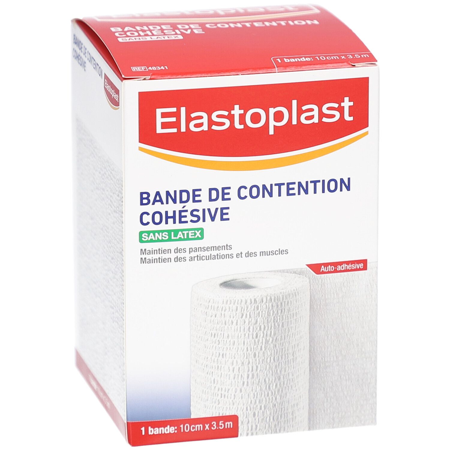 Boîte de bandage Elastoplast. Bande blanche, 10cm x 3,5m. Inscription: Bande de Contention Cohésive Sans Latex.