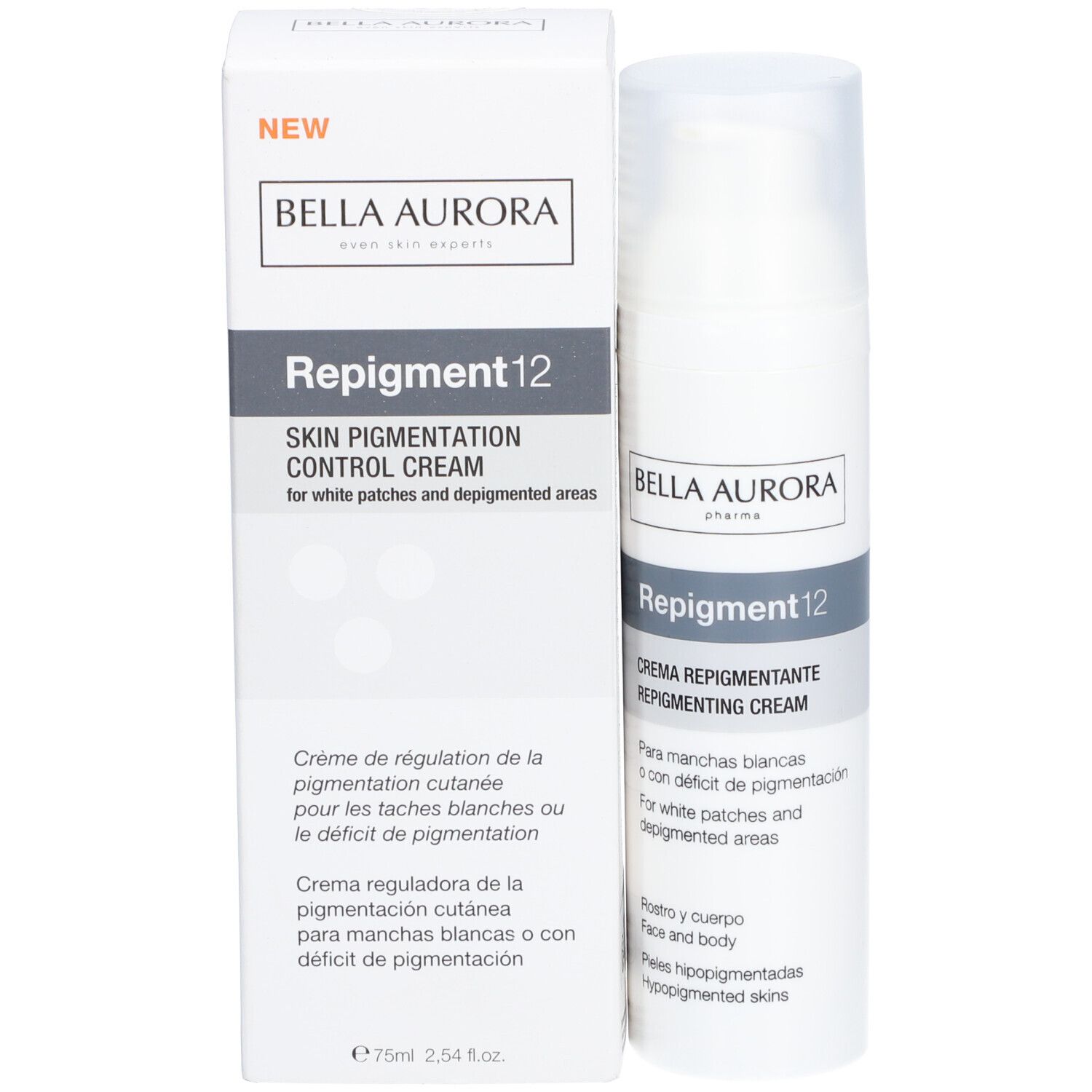 Bella Aurora Repigment12 crème et emballage. Texte: Repigment12, Skin Pigmentation Control Cream. 75ml.
