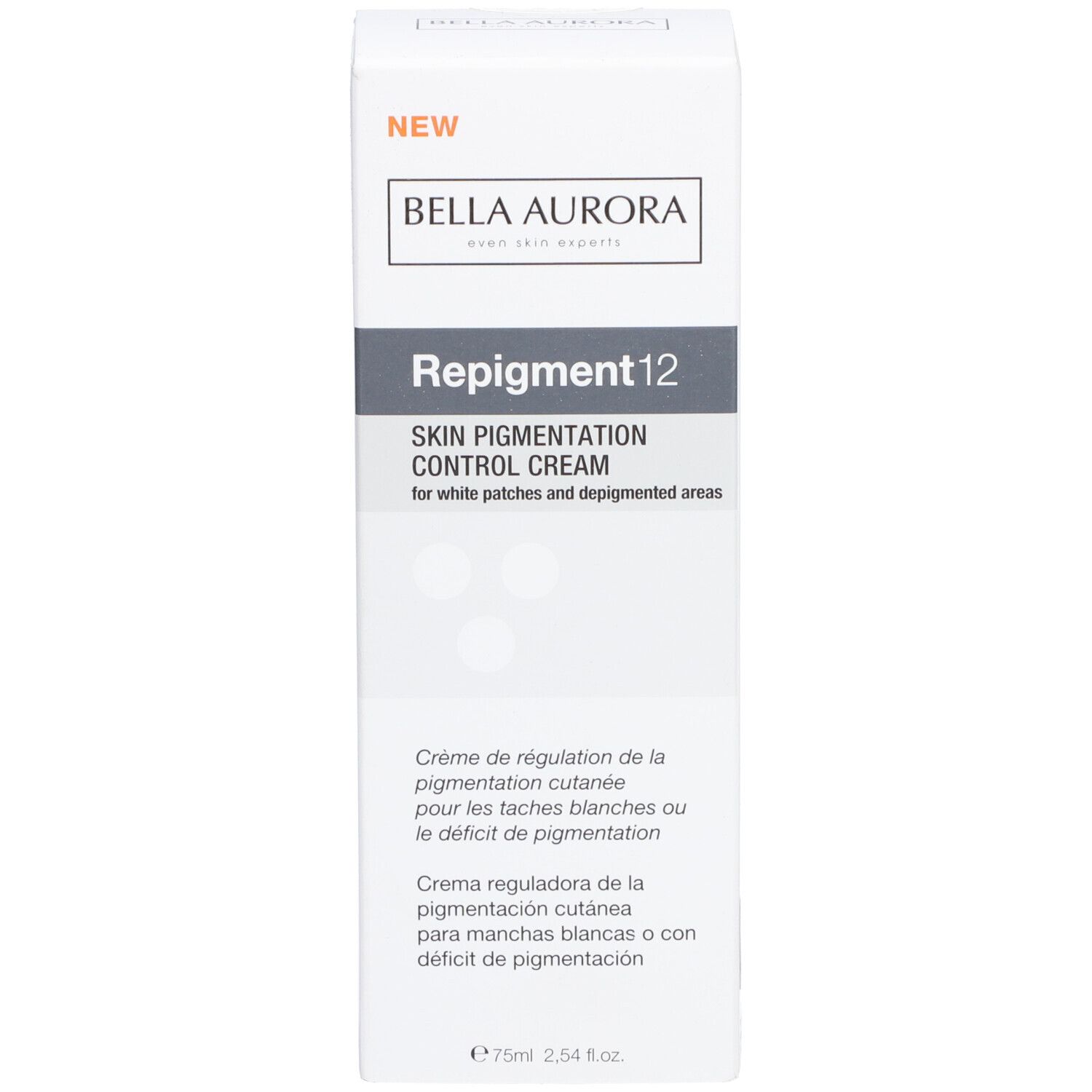 Emballage Bella Aurora Repigment12. Texte: Repigment12, Skin Pigmentation Control Cream. 75ml.