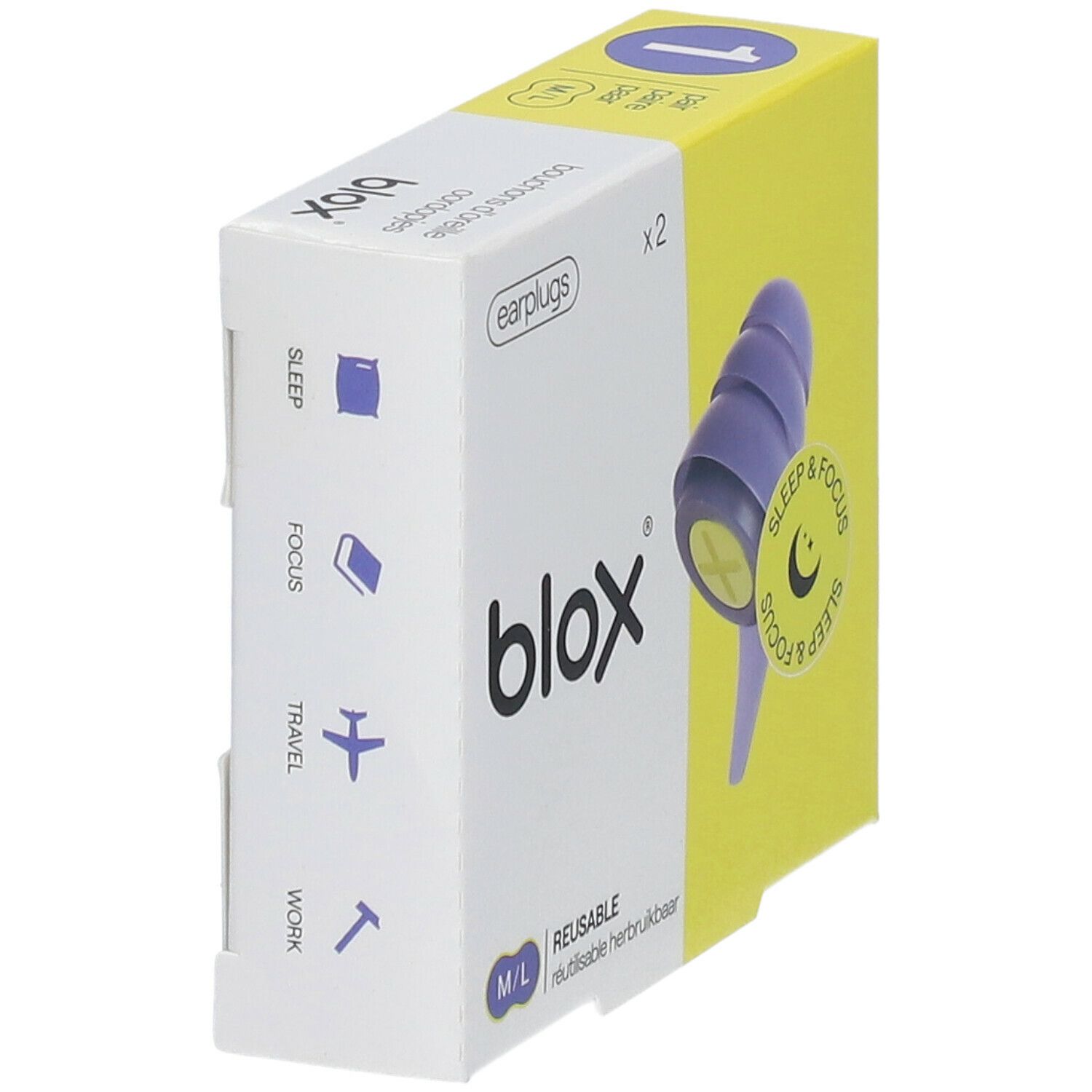 Boîte de bouchons d'oreille. Bouchons violets, centre jaune, emballage jaune et blanc. Texte : blox, Sleep, Focus, réutilisable.