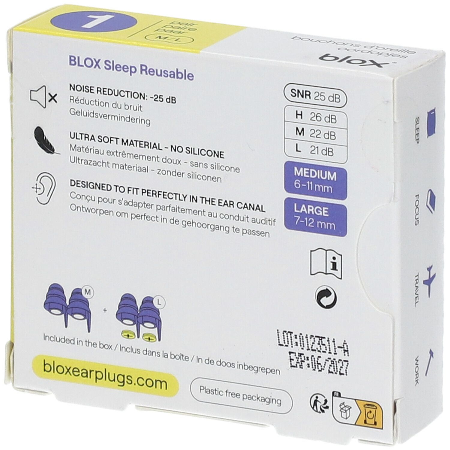 Emballage de bouchons d'oreille. Texte : BLOX Sleep Reusable, Réduction du bruit -25 dB, Ultra Soft Material, Medium, Large. 2 paires incluses.