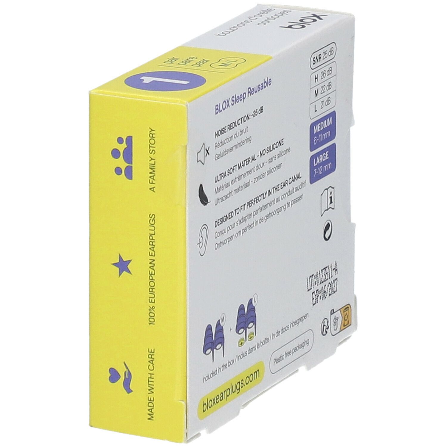 Emballage de bouchons d'oreille. Texte : BLOX Sleep Reusable, Réduction du bruit -25 dB, Ultra Soft Material, Medium, Large. 100% European Earplugs.