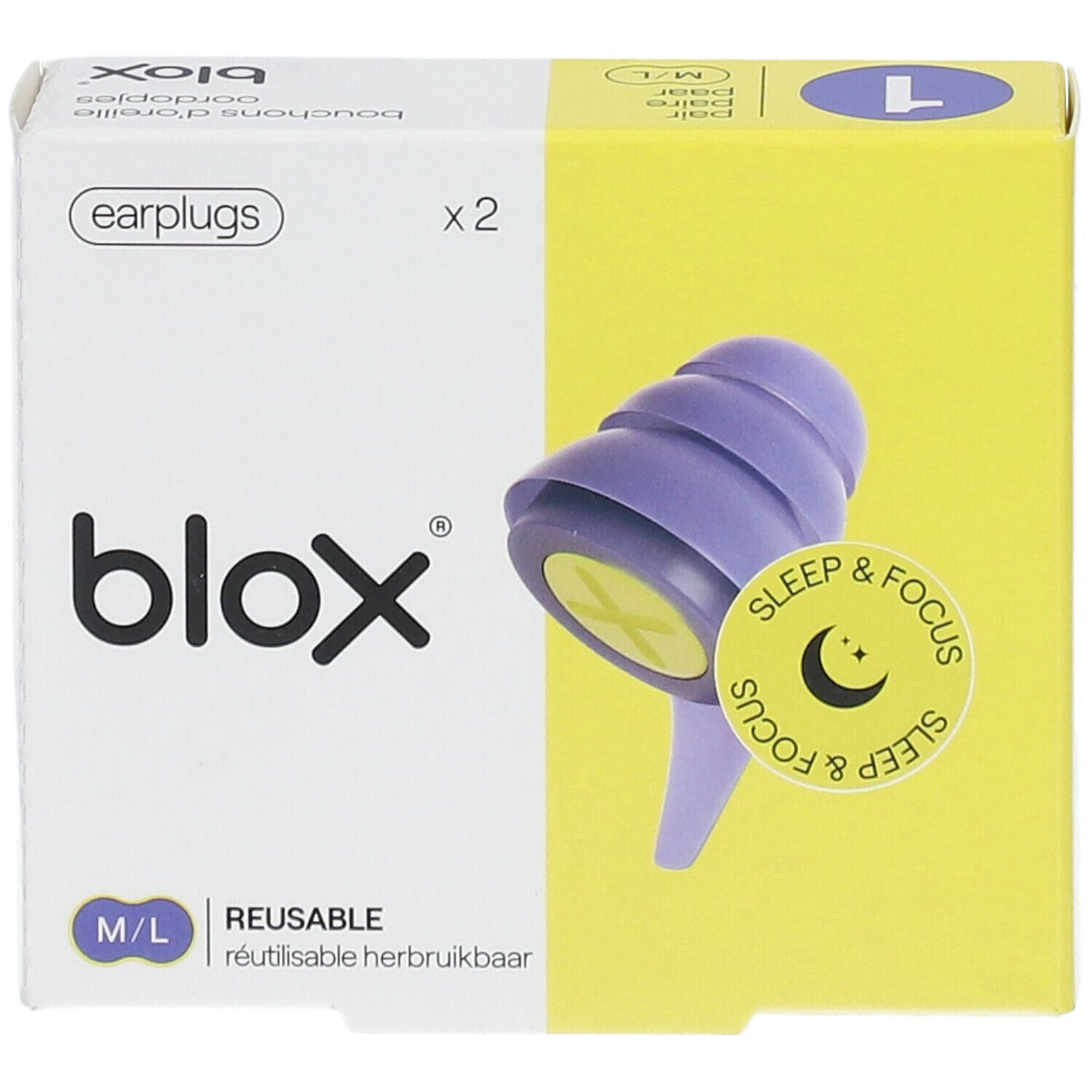 Boîte de bouchons d'oreille. Bouchons violets, centre jaune, emballage jaune et blanc. Texte : blox, Sleep & Focus, réutilisable, x2.
