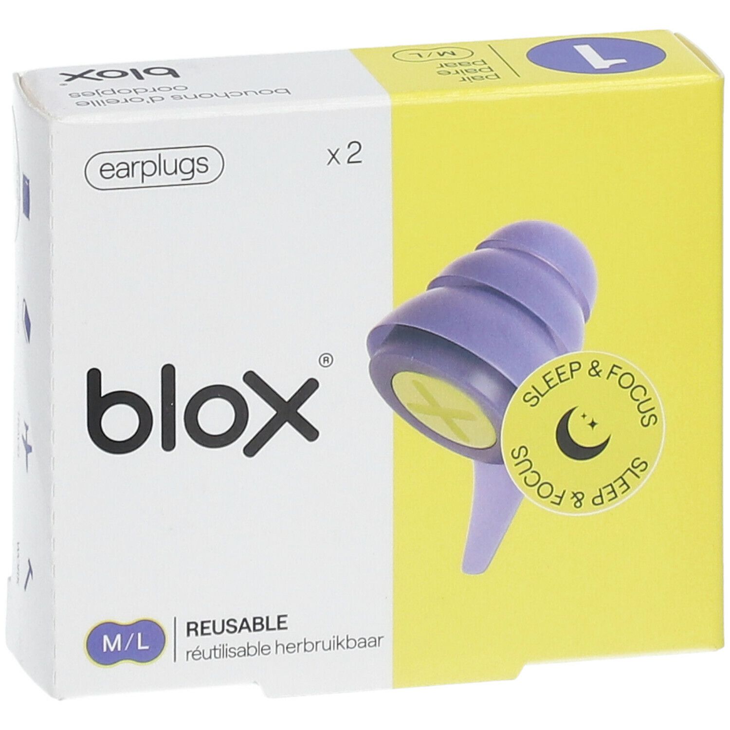 Boîte de bouchons d'oreille. Bouchons violets, centre jaune, emballage jaune et blanc. Texte : blox, Sleep & Focus, réutilisable, x2.