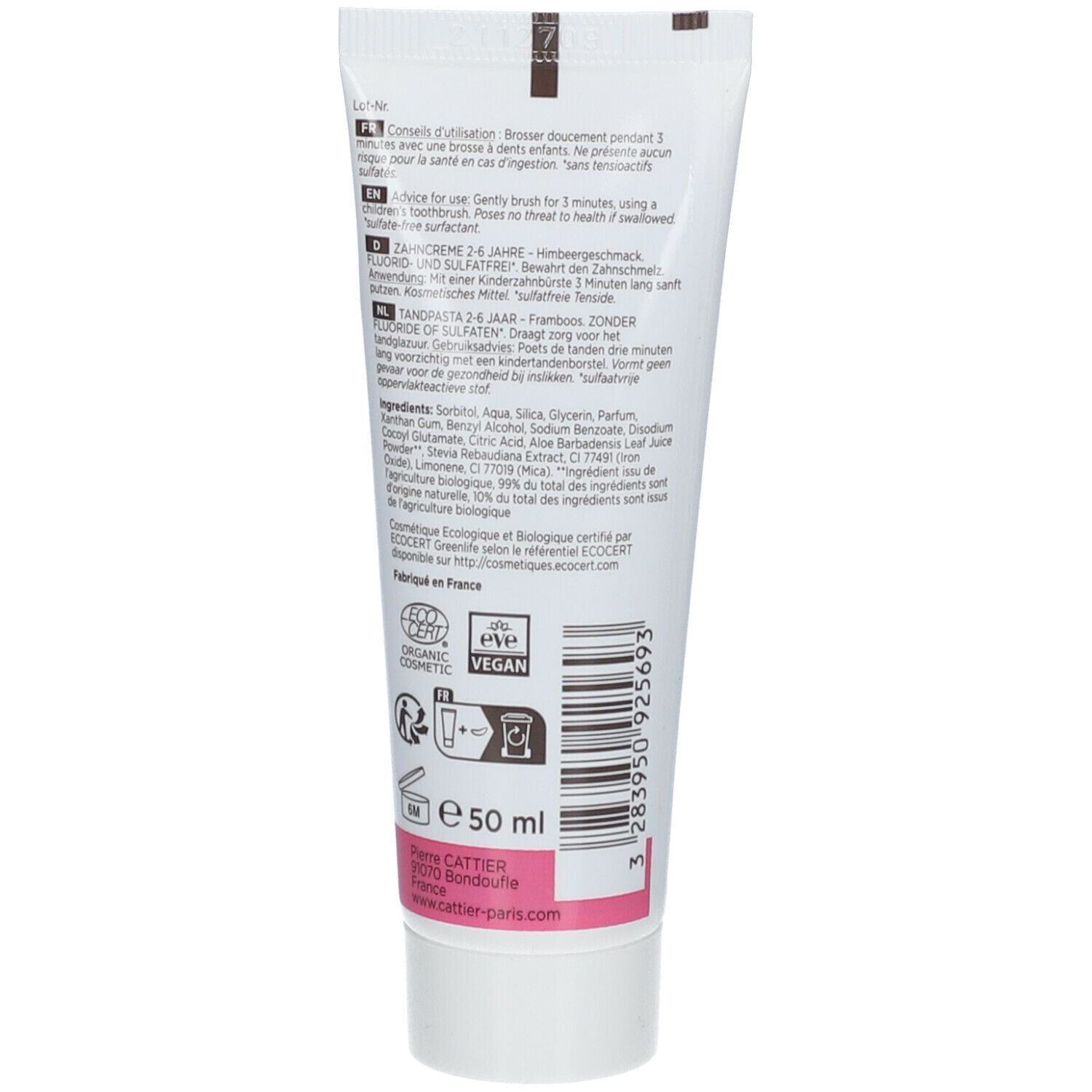 Tube de dentifrice blanche et rose. Inscriptions et logos. Certification ECOCERT. Vegan.