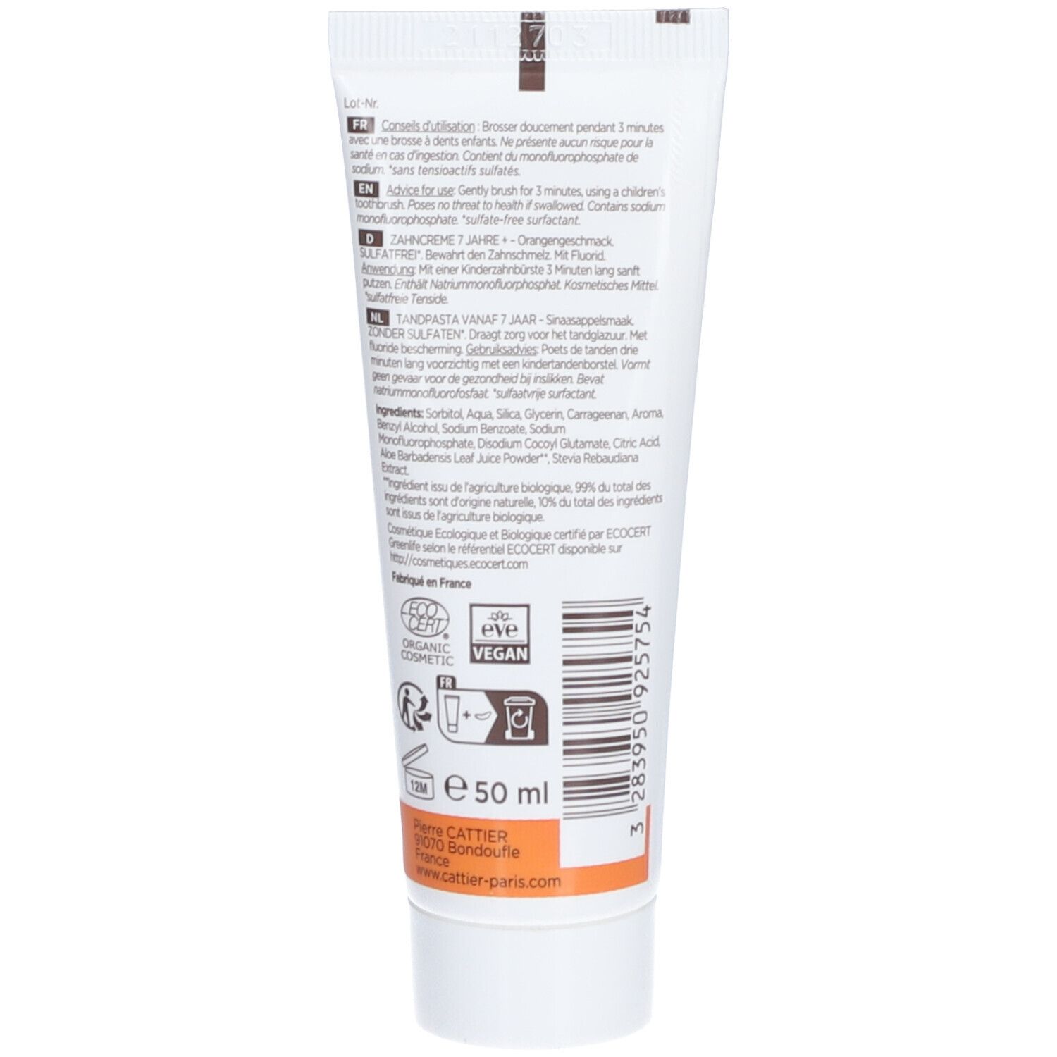 Tube de dentifrice. Dos avec texte, ingrédients et certifications. Bande orange en bas. Labels Vegan et Bio.