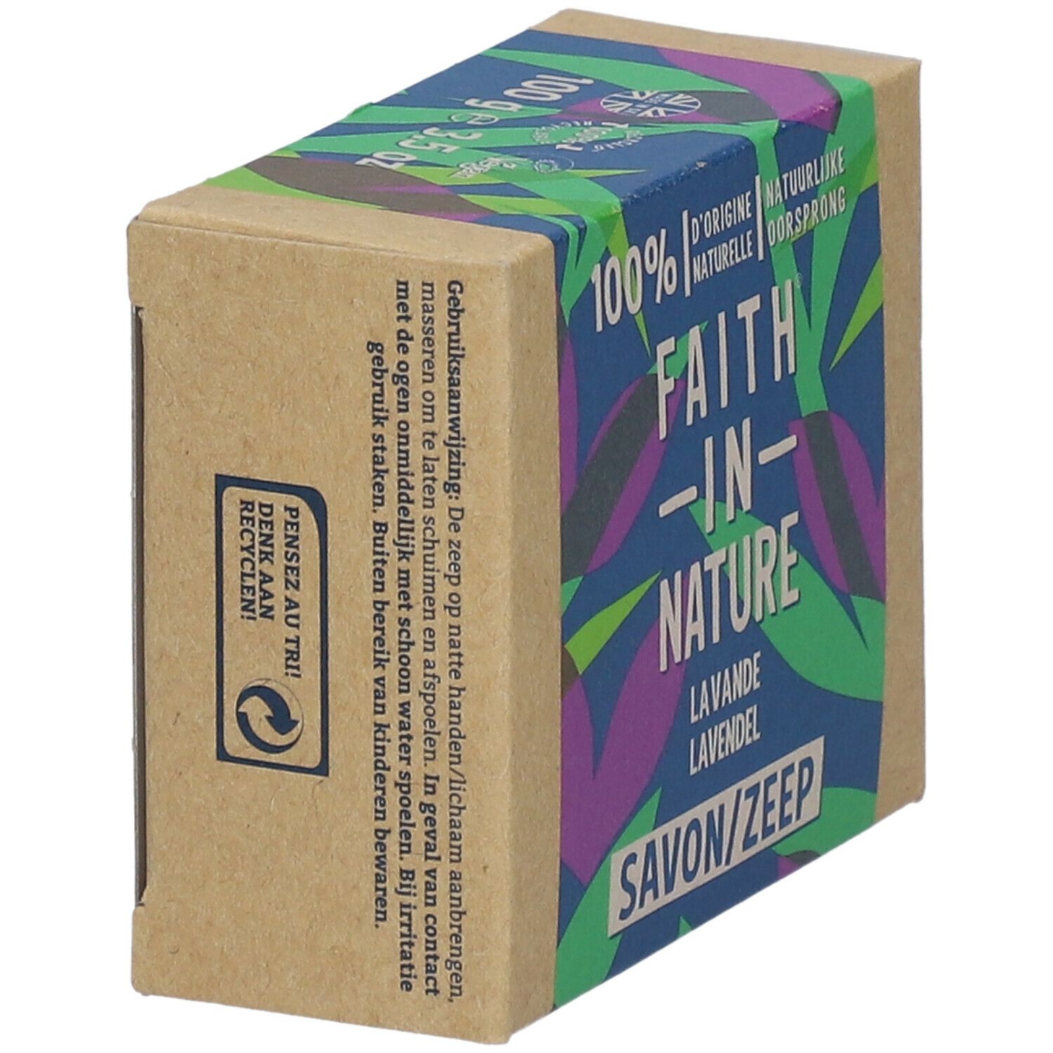 Boîte en carton avec texte Faith In Nature, Lavande, Savon/Zeep. Motifs verts, violets et bleus. Symbole de recyclage.