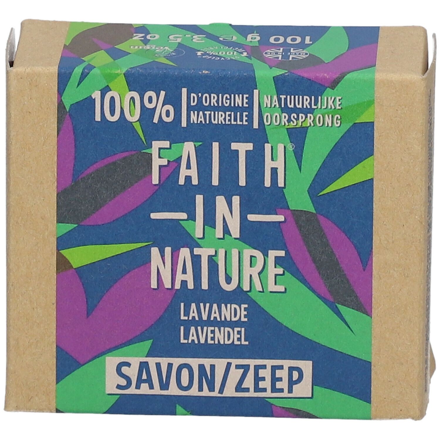 Boîte en carton. Texte Faith In Nature, Lavande, Savon/Zeep. Motifs verts, violets et bleus. 100% d'origine naturelle.