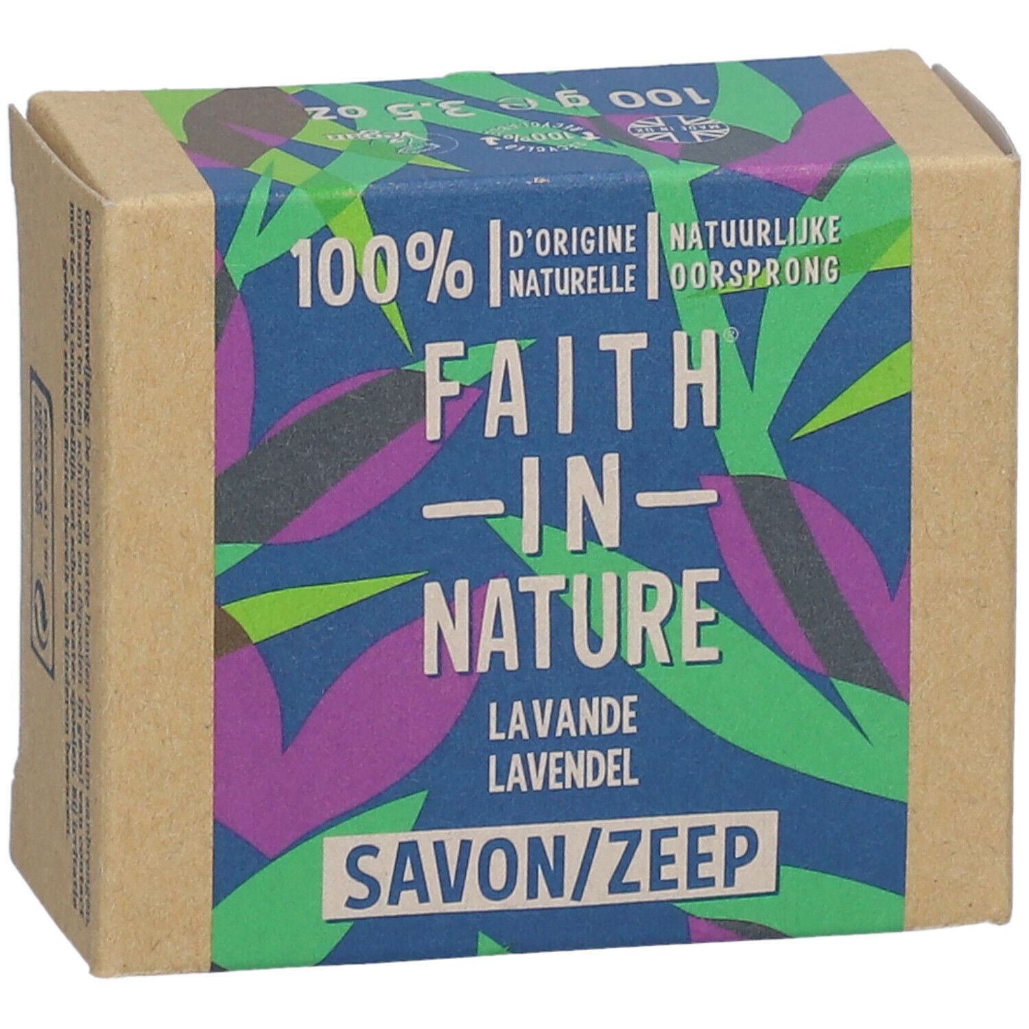 Boîte en carton. Texte Faith In Nature, Lavande, Savon/Zeep. Motifs verts, violets et bleus. 100% d'origine naturelle.