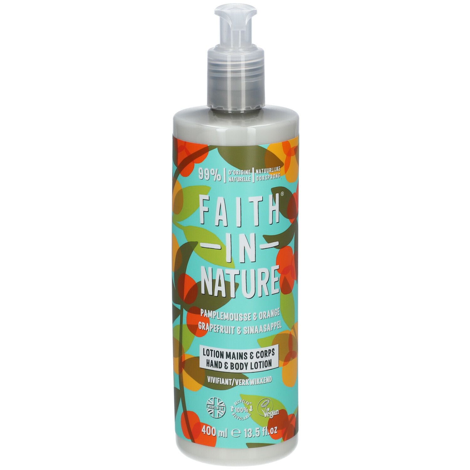 Flacon de lotion avec pompe. Inscription : Faith In Nature, Pamplemousse & Orange. 400ml.